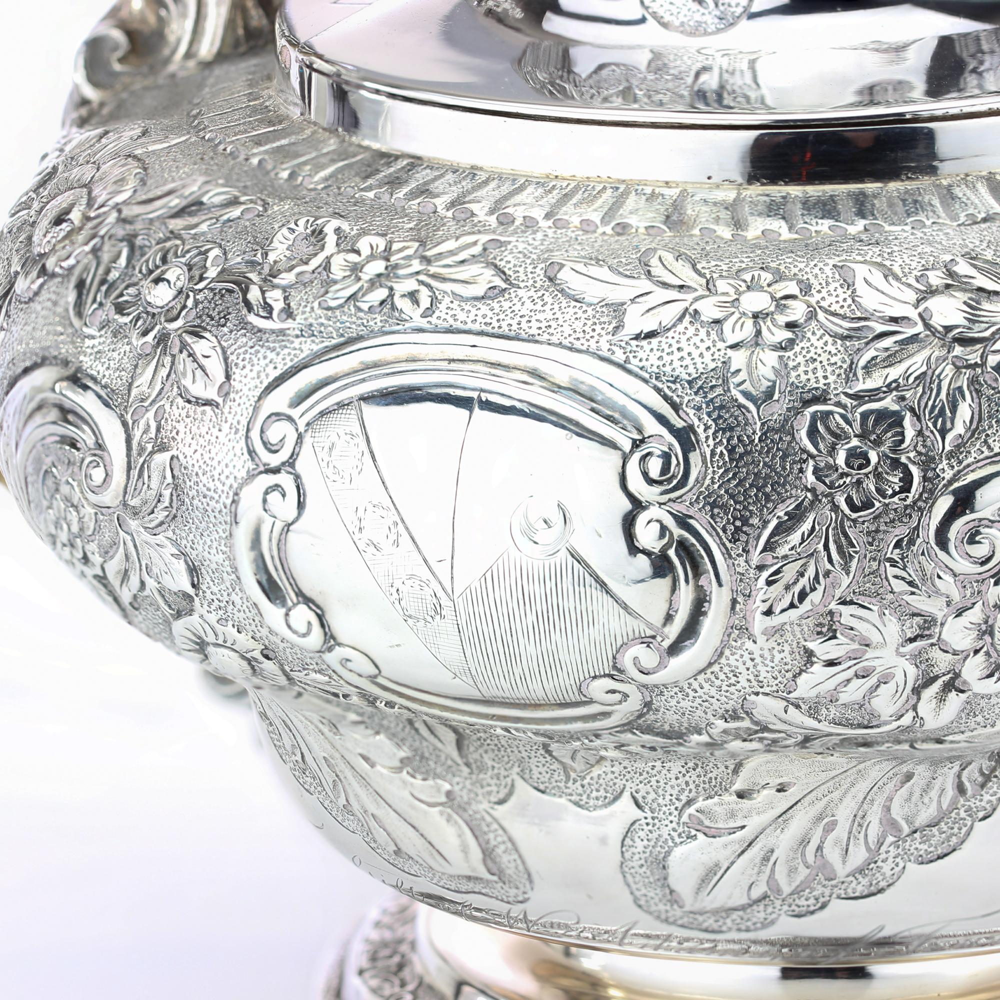 Antique Georgian Sterling Silver Three-Piece Elaborately Engraved Tea Set For Sale 1