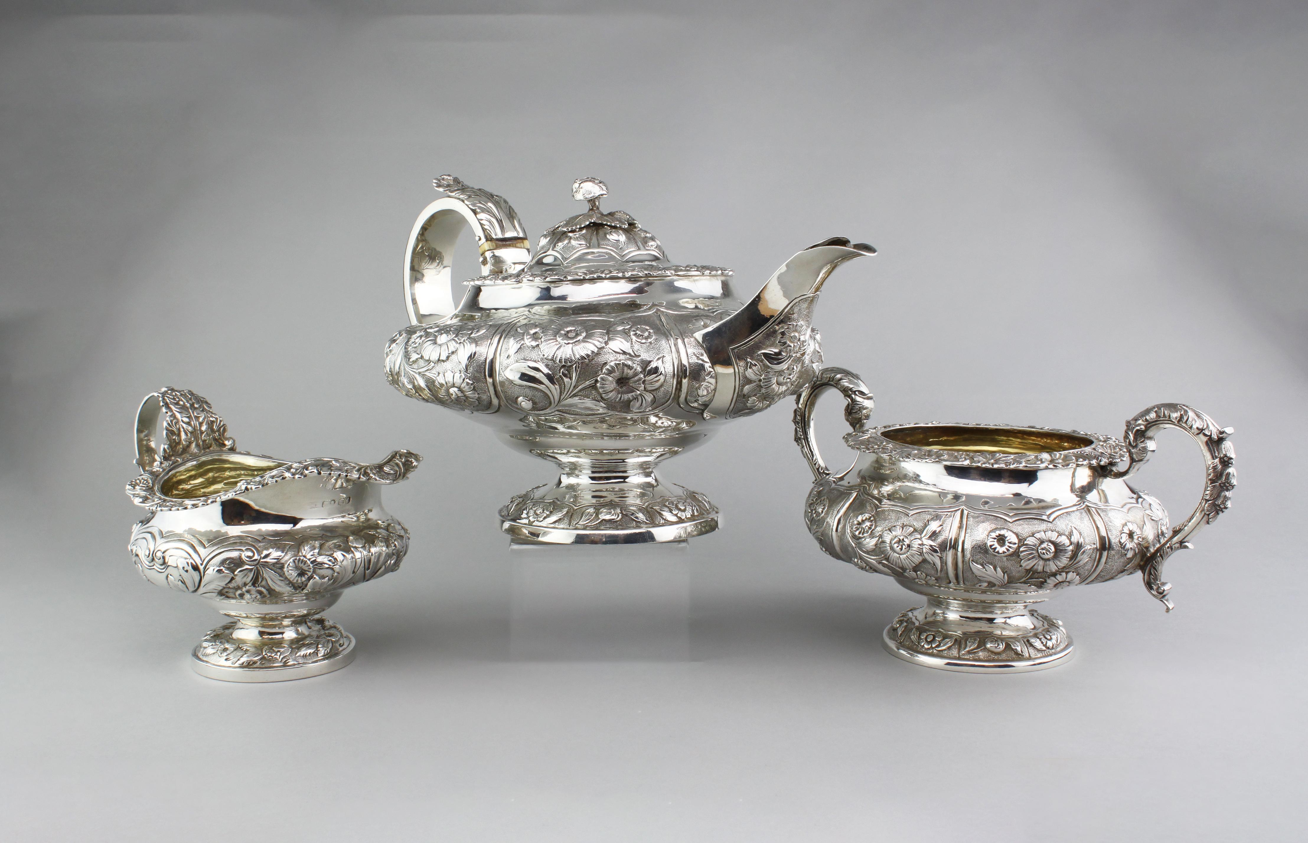 George III Antique Georgian Sterling Silver Three-Piece Tea Service Set, 1828
