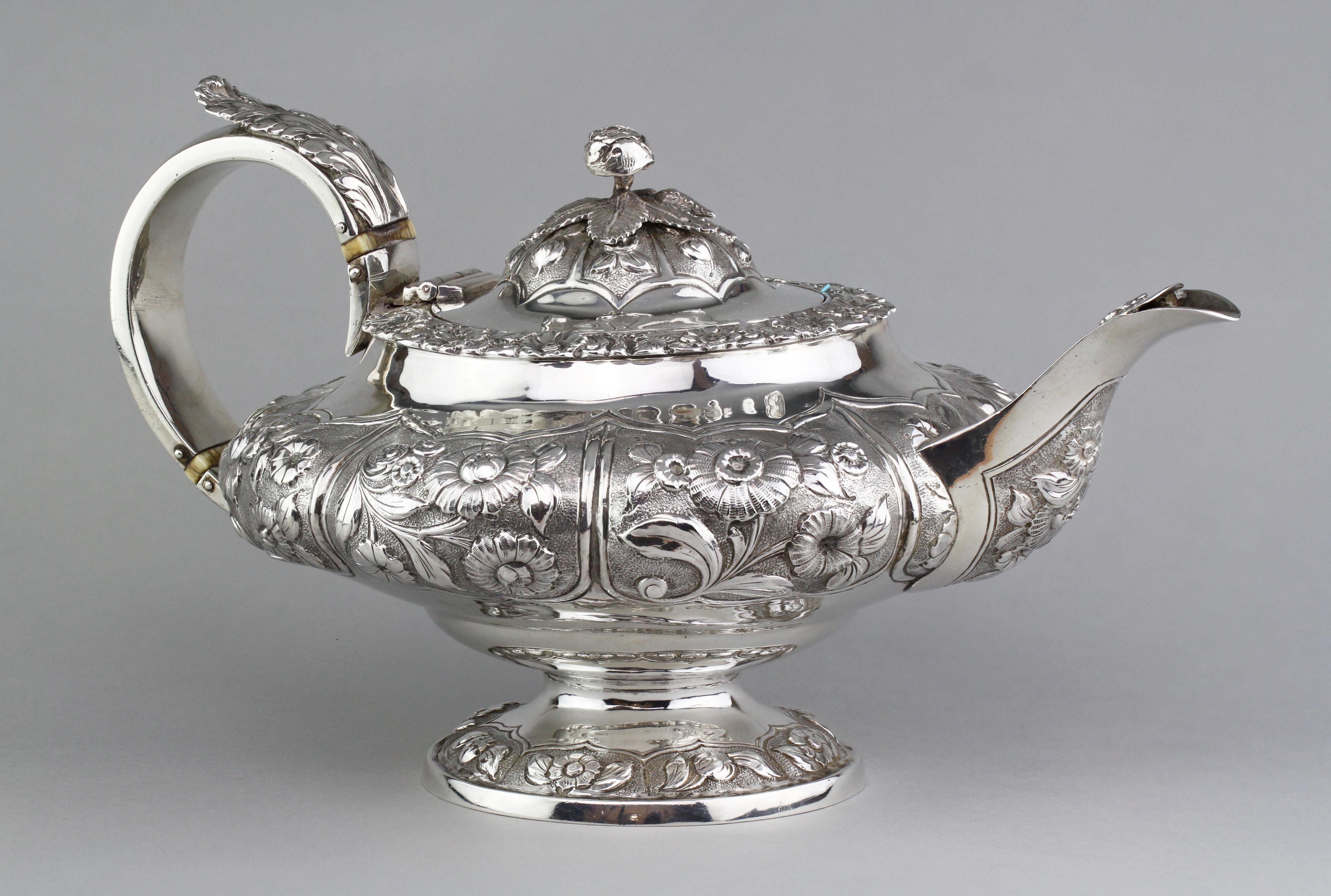 British Antique Georgian Sterling Silver Three-Piece Tea Service Set, 1828