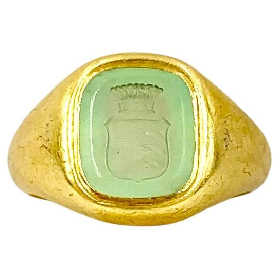 Antique Georgian Style 18K Yellow Gold Ochre Glass Baronet Intaglio Signet Ring