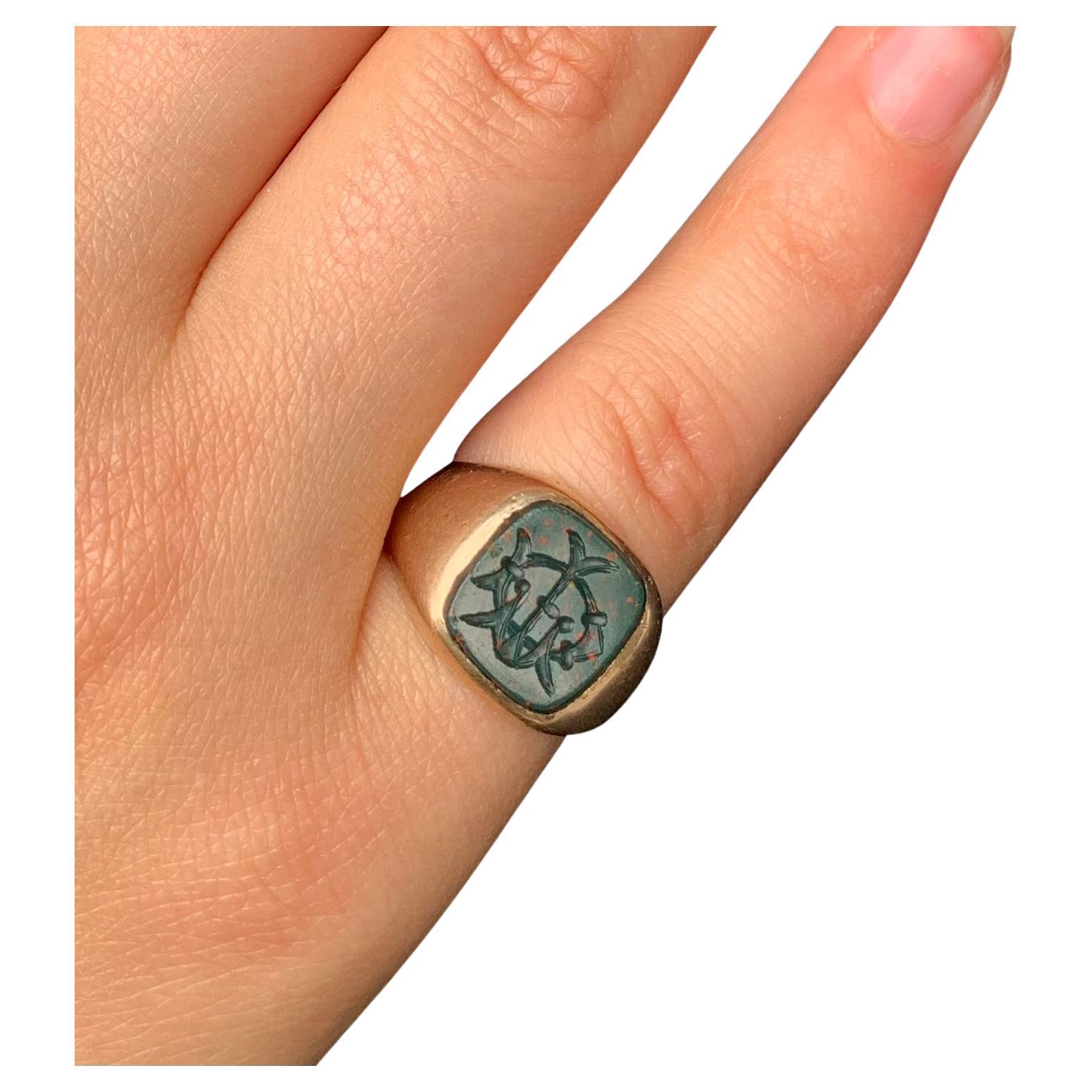 Antique Georgian Style Bloodstone Intaglio Rose Gold Signet Ring, 19th Century For Sale