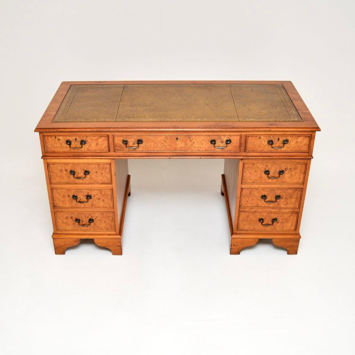 British Antique Georgian Style Burr Yew Pedestal Desk For Sale