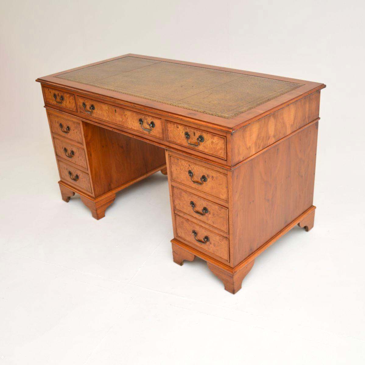 Mid-20th Century Antique Georgian Style Burr Yew Pedestal Desk For Sale