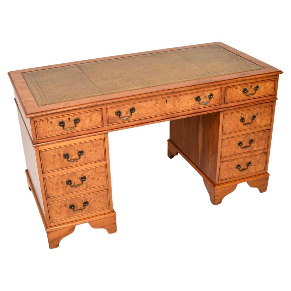 Antique Georgian Style Burr Yew Pedestal Desk For Sale