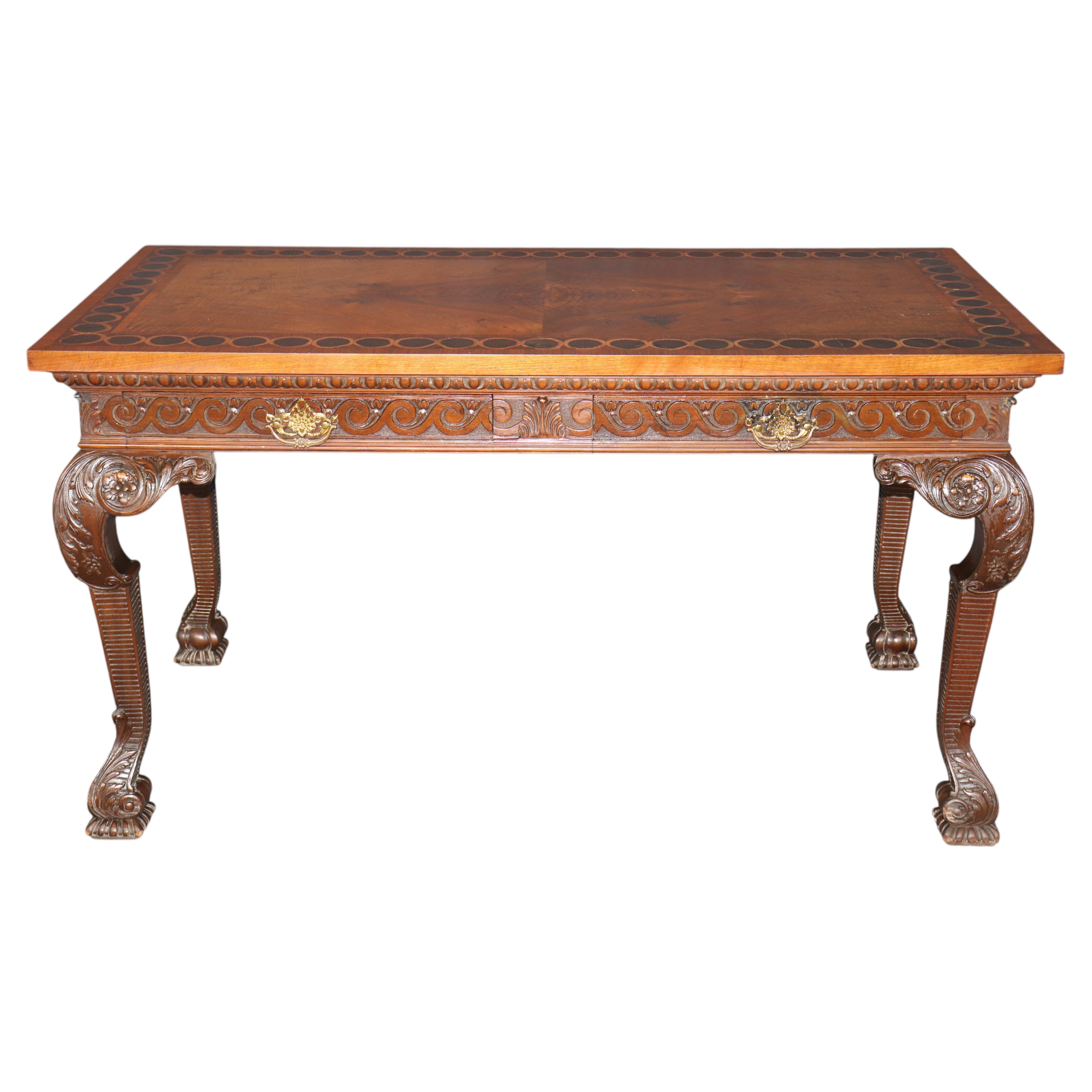 Antique Georgian Style Carved Console Table with Inlaid Wood Top For Sale