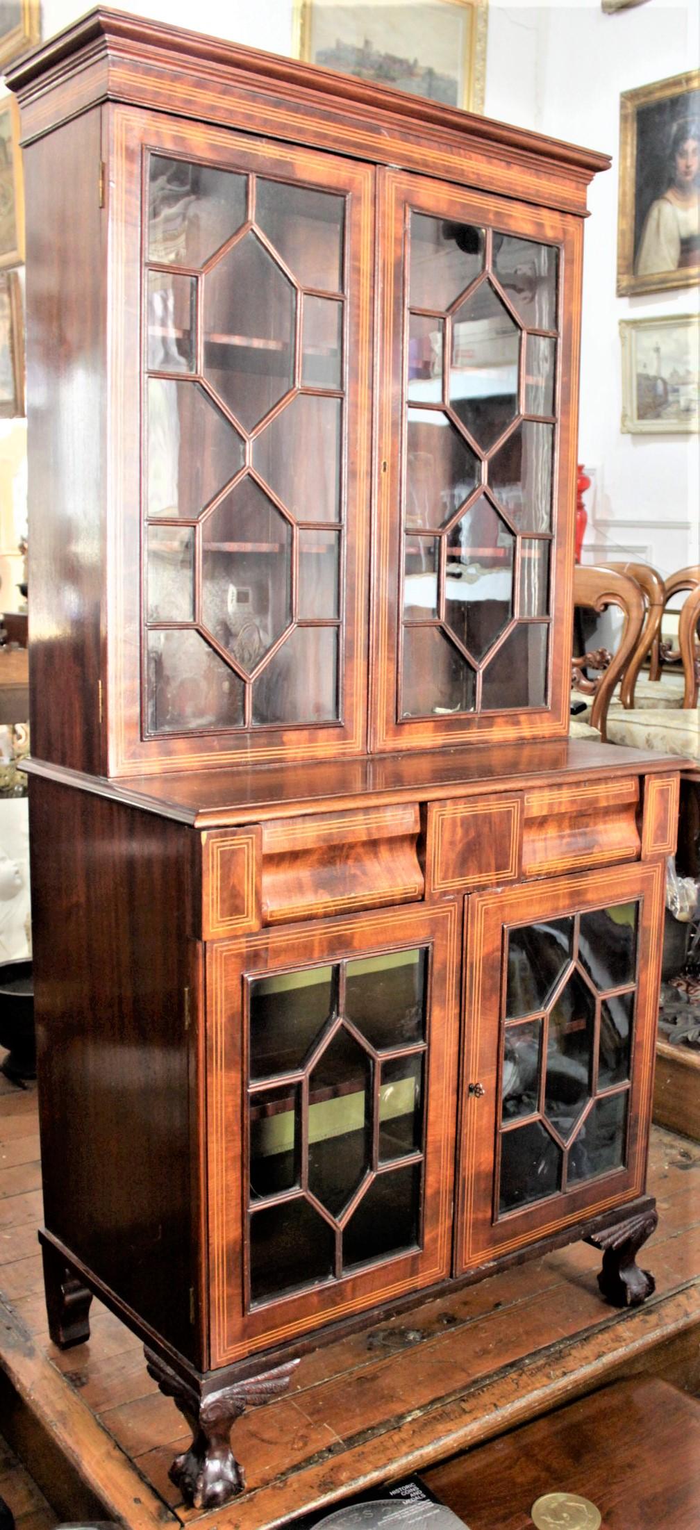 Antique Style English Mahogany Four Door Inlaid Bookcase
