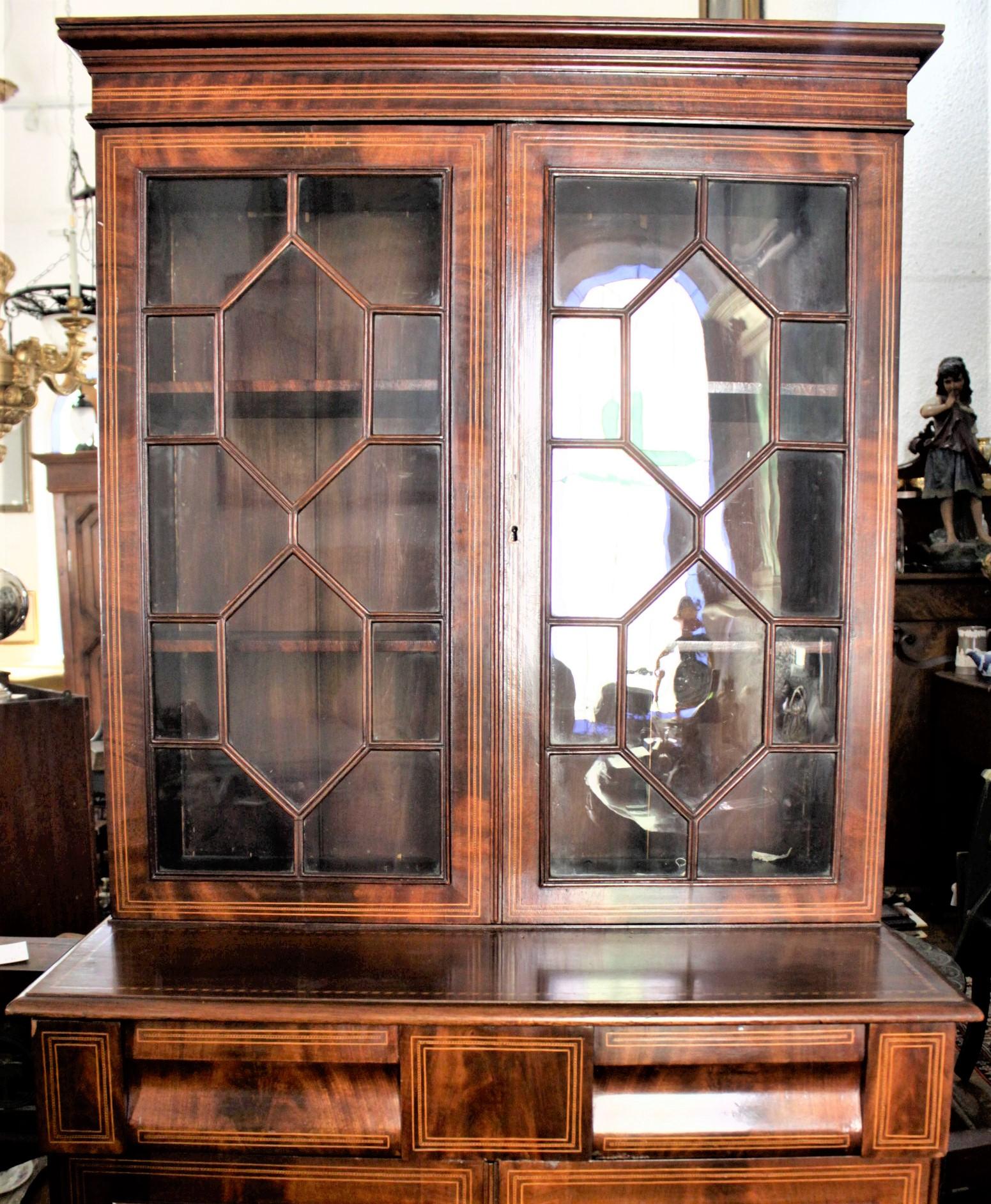 Antique Style English Mahogany Four Door Inlaid Bookcase