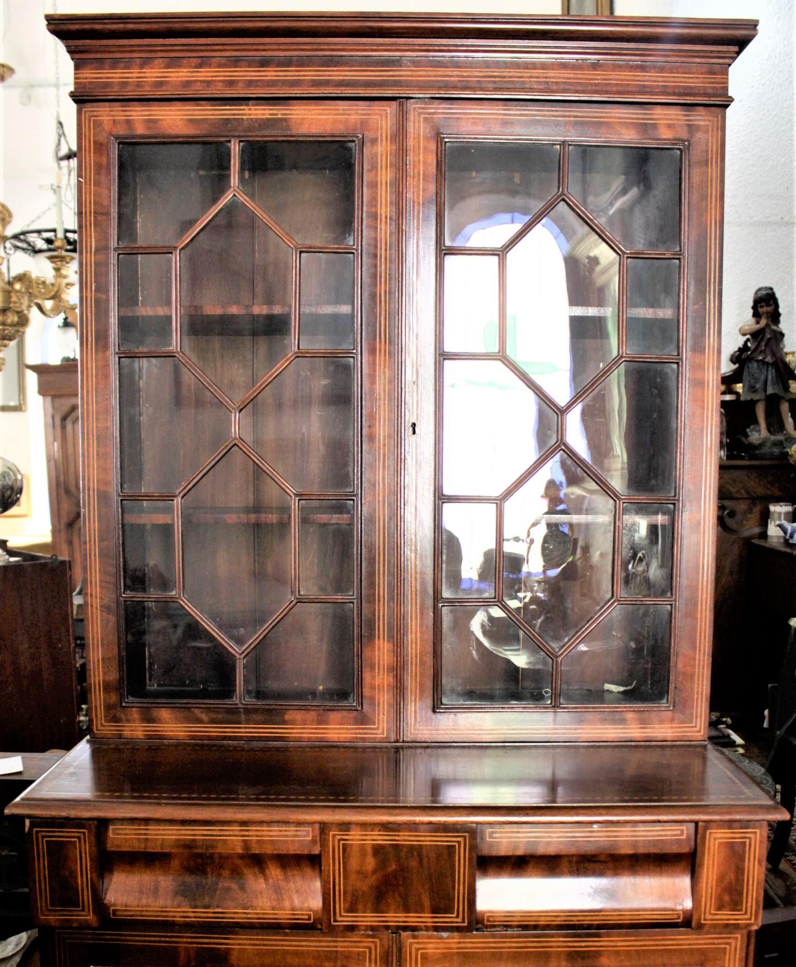 19th Century Antique Georgian Style English Mahogany Four Door Inlaid Bookcase Cabinet