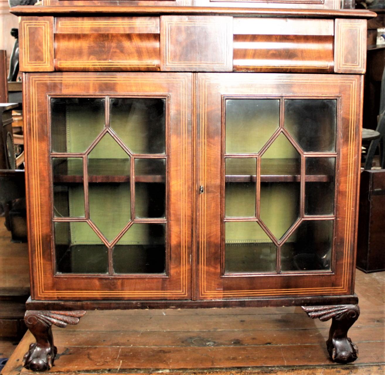 Brass Antique Georgian Style English Mahogany Four Door Inlaid Bookcase Cabinet