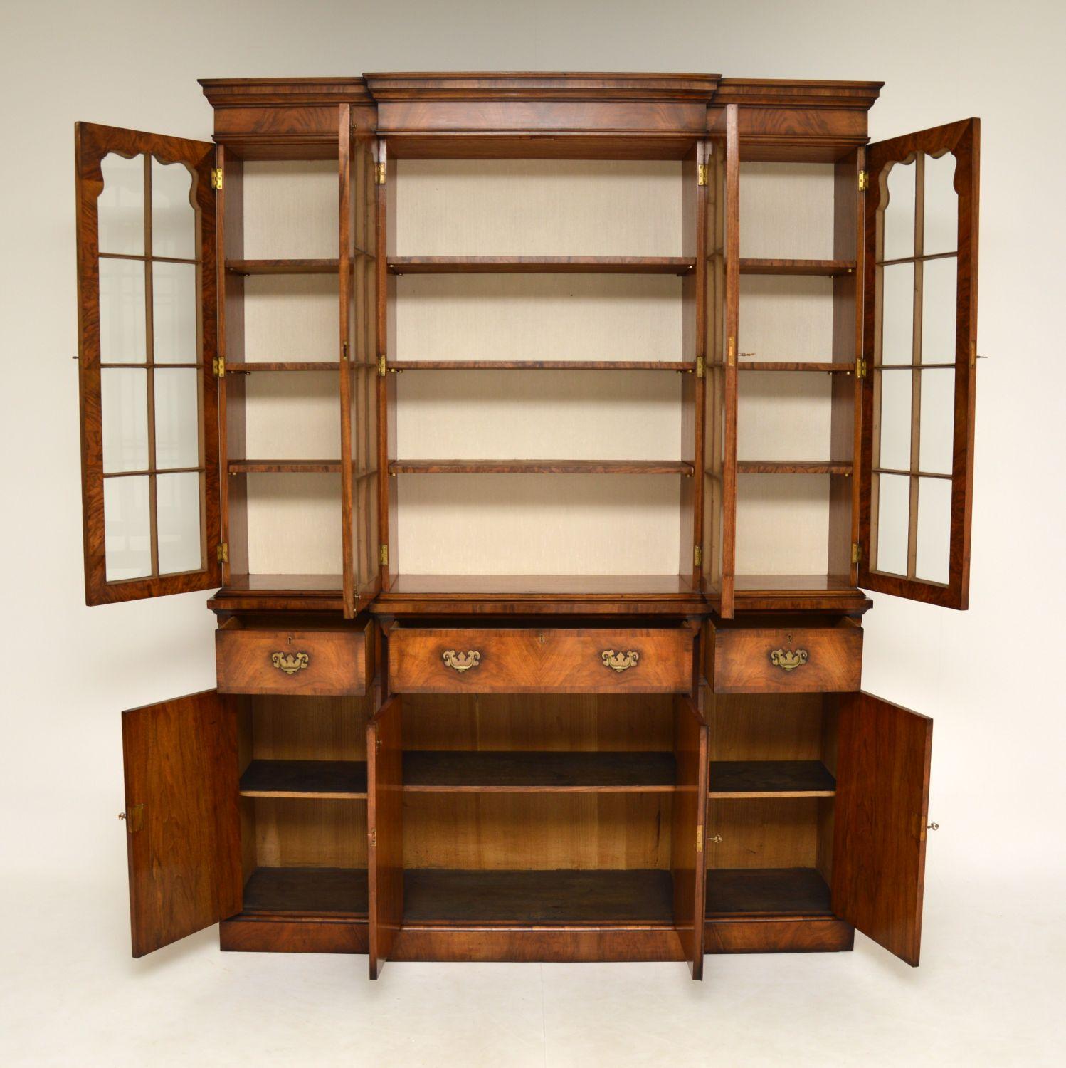British Antique Georgian Style Figured Walnut Breakfront Bookcase