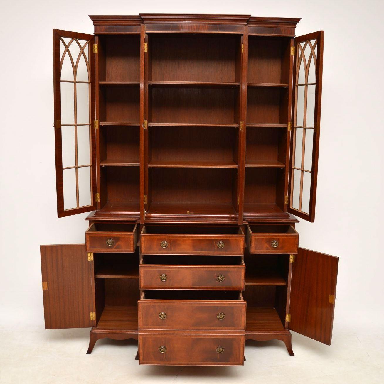 Mid-20th Century Antique Georgian Style Inlaid Mahogany Breakfront Bookcase