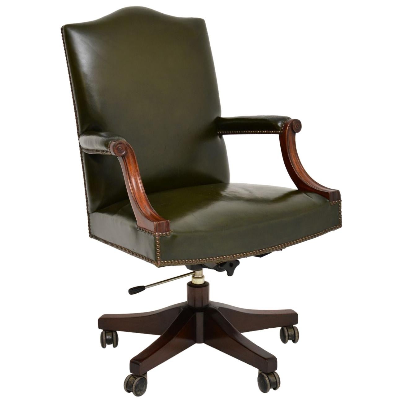 Antique Georgian Style Leather and Mahogany Swivel Desk Chair