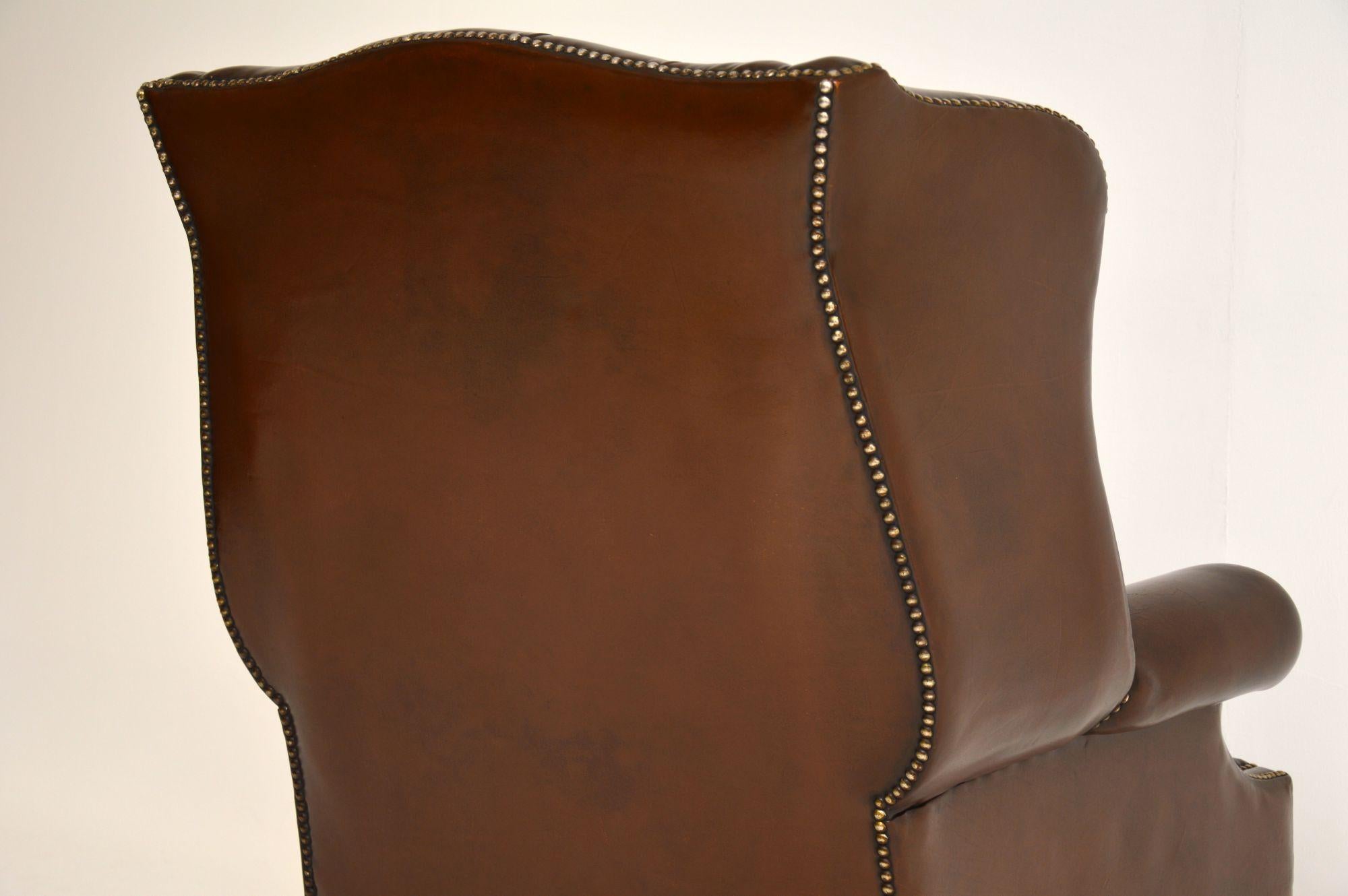 Wood Antique Georgian Style Leather Wing Back Armchair
