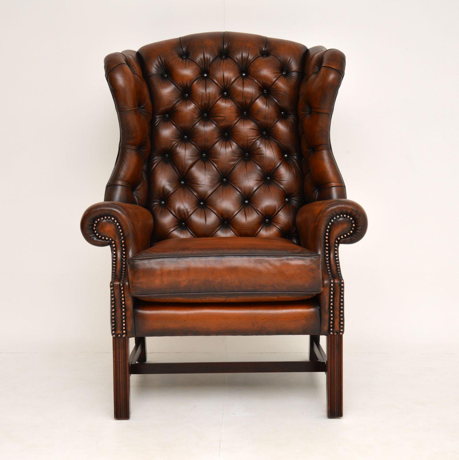 A handsome and extremely comfortable leather wingback armchair in the antique Georgian style. It’s of very large proportions, and is a great chair to sink back into. This is of superb quality, it dates from circa 1950s.

We have had this