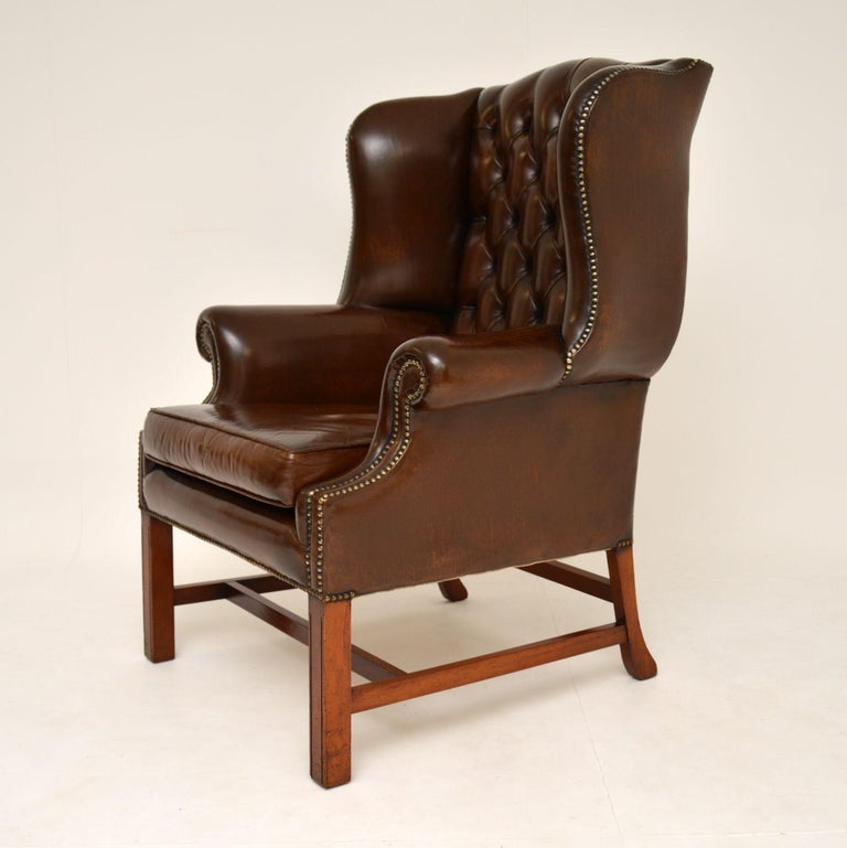 British Antique Georgian Style Leather Wing Back Armchair For Sale