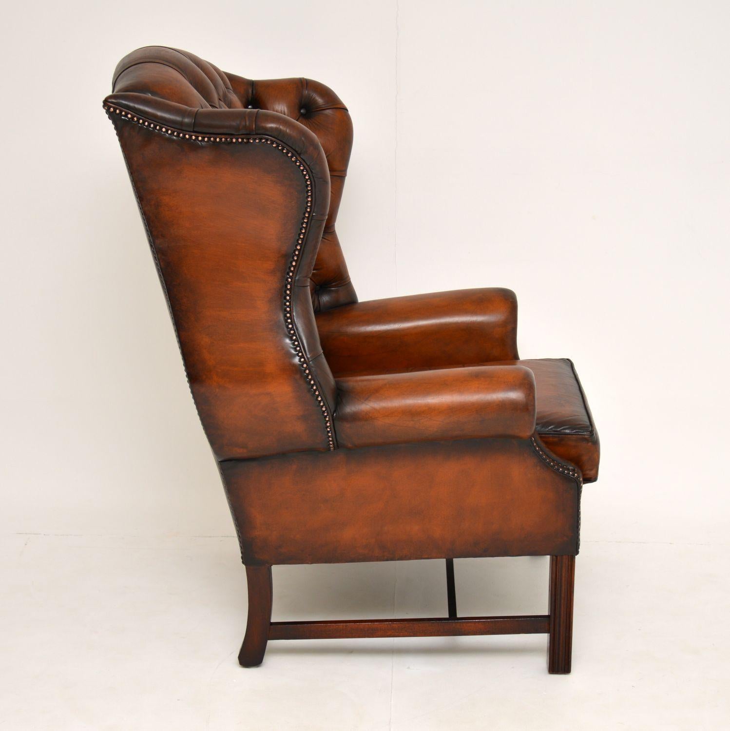 Chippendale Antique Georgian Style Leather Wingback Armchair