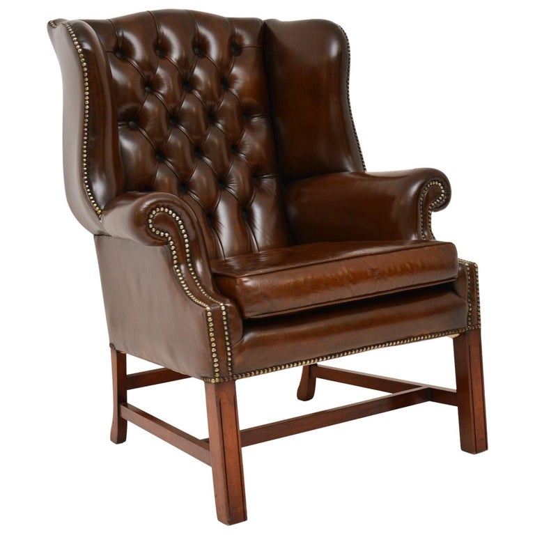 Antique Georgian Style Leather Wing Back Armchair For Sale