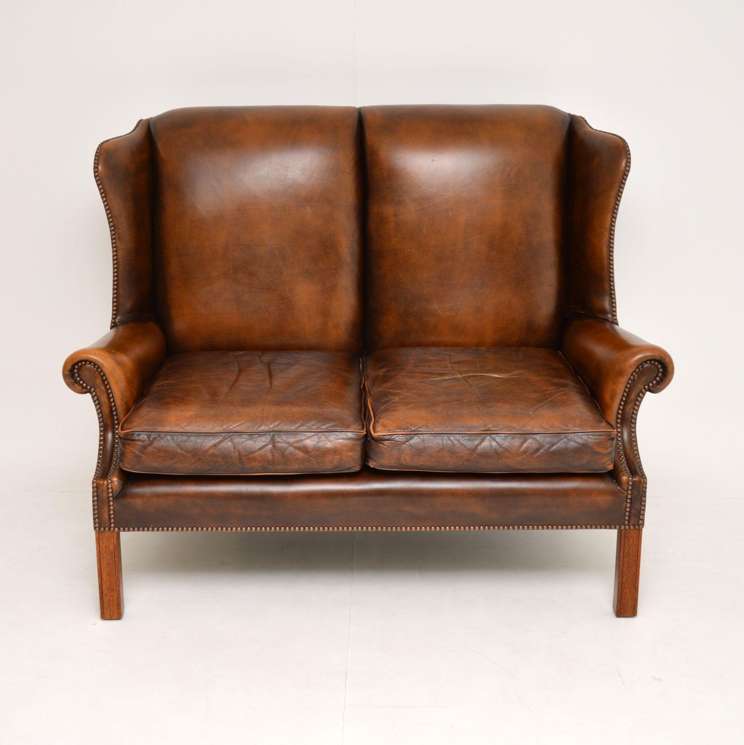 English Antique Georgian Style Leather Wing Back Sofa