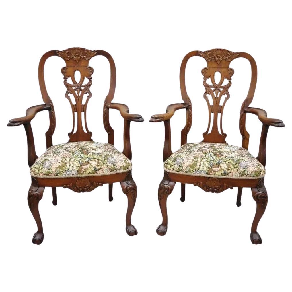 Antique Georgian Style Mahogany Carved Eagle Heads Dining Arm Chairs - a Pair