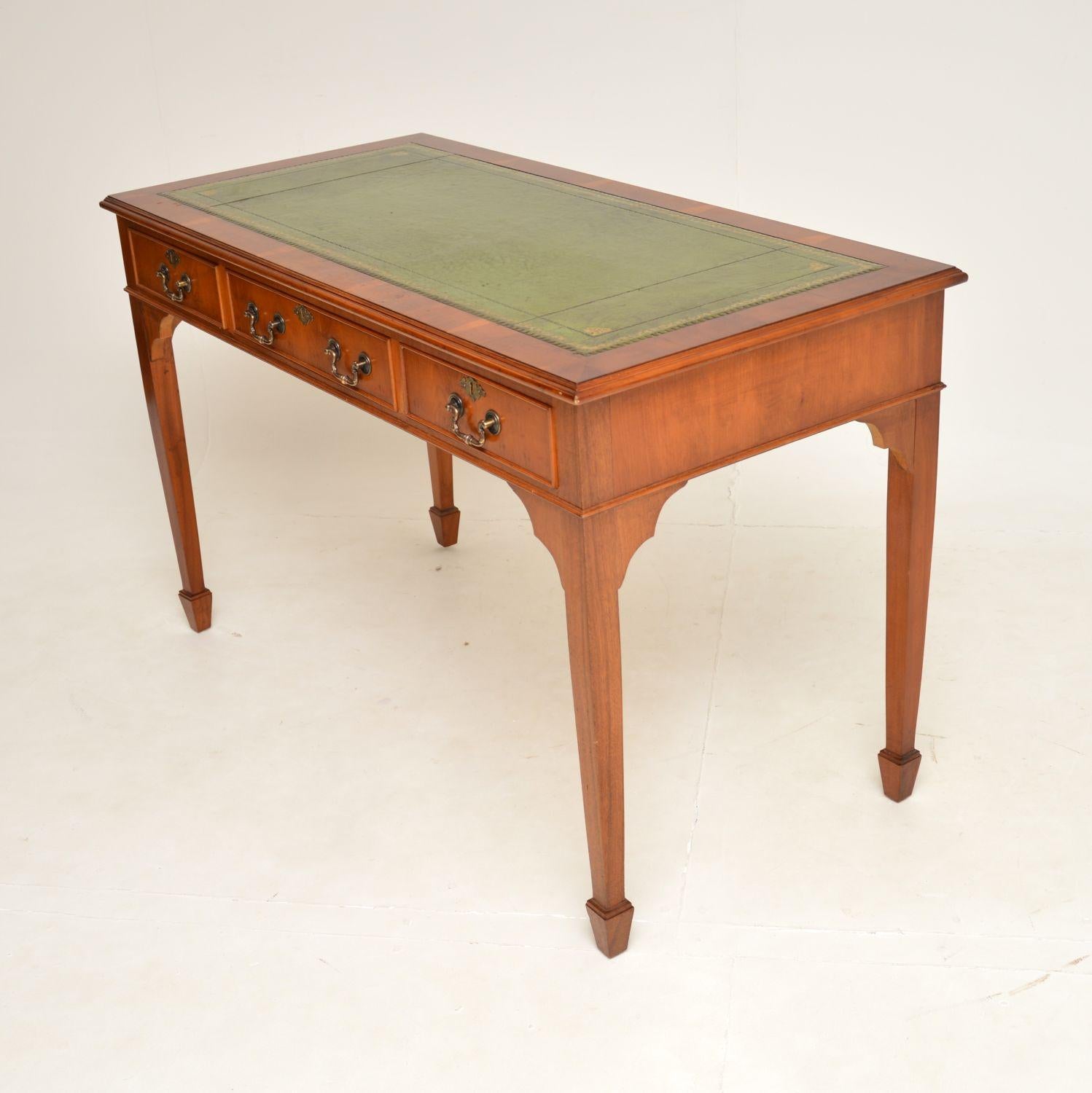 British Antique Georgian Style Yew Wood Leather Top Desk / Writing Table