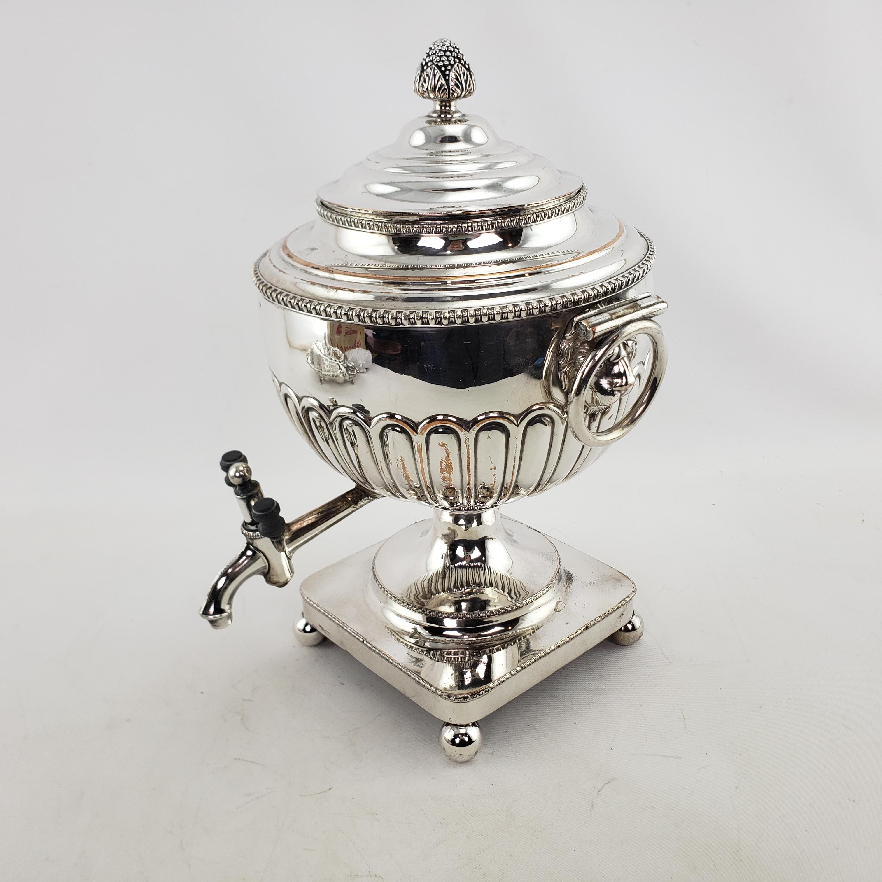 English Antique Georgian Styled Silver Plated Tea or Hot Water Urn with Lion Mounts For Sale