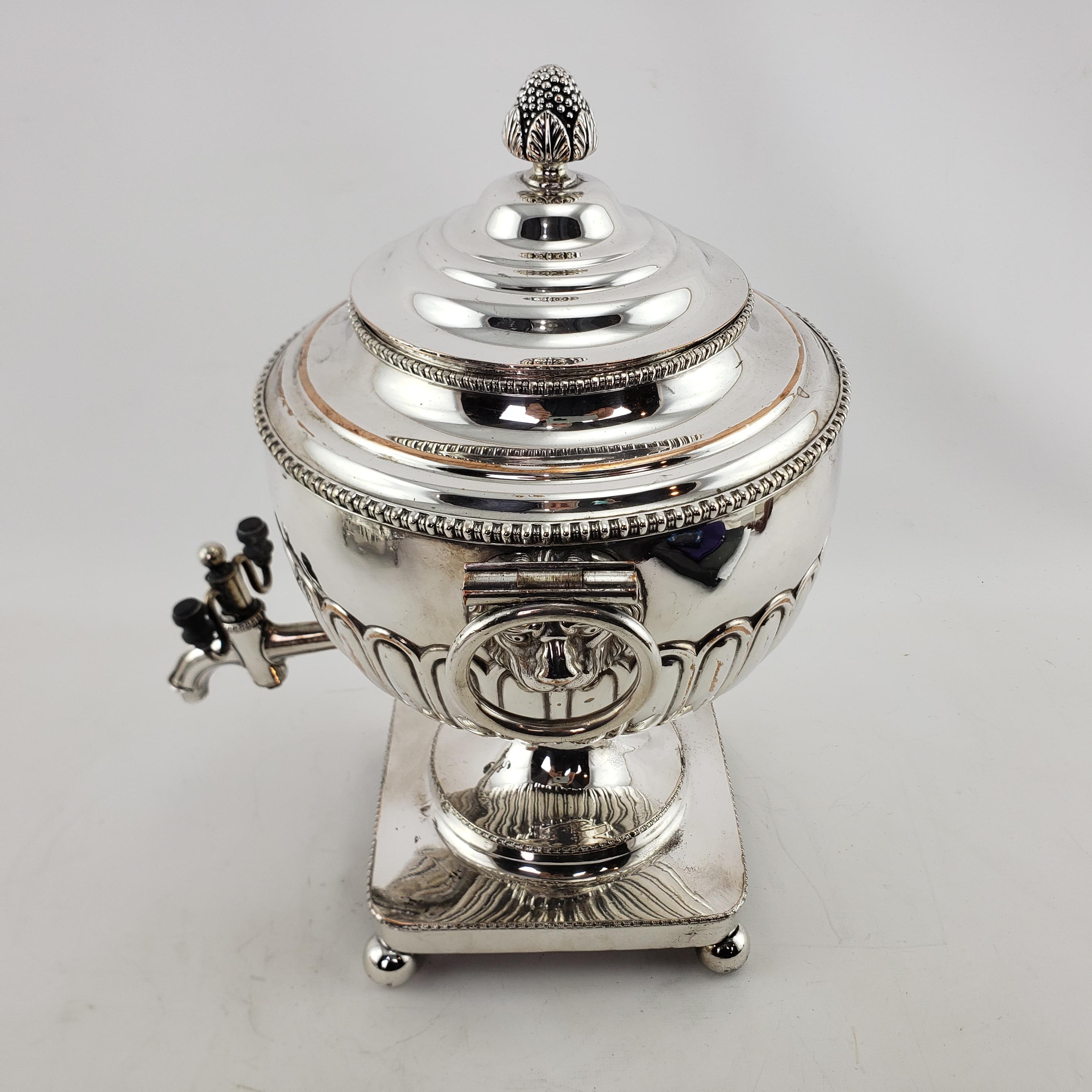 20th Century Antique Georgian Styled Silver Plated Tea or Hot Water Urn with Lion Mounts For Sale