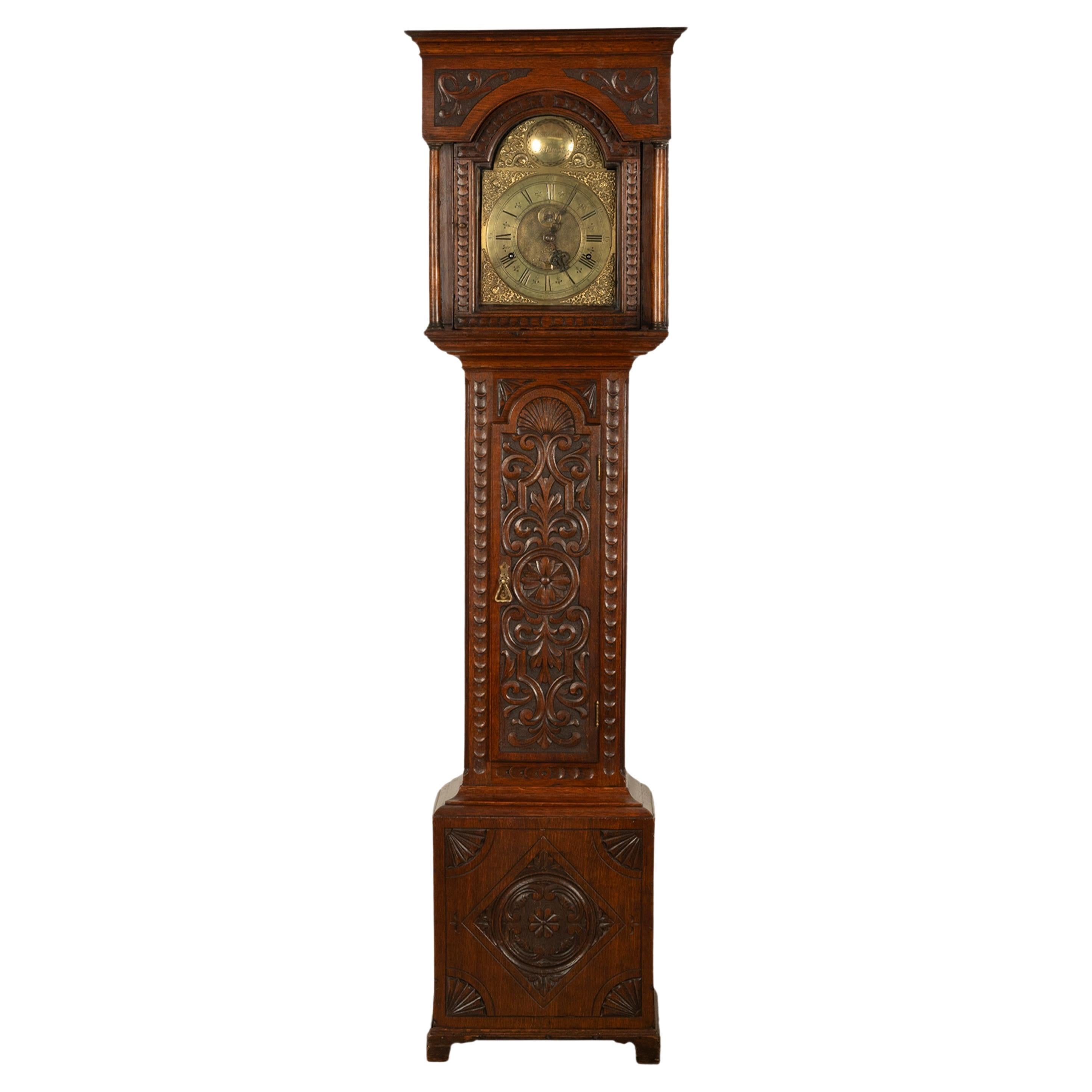 Antike georgianische hohe Gehäuse 8 Tage Großvater Kalender Uhr geschnitzte Eichenholz Eiche Etui 1780