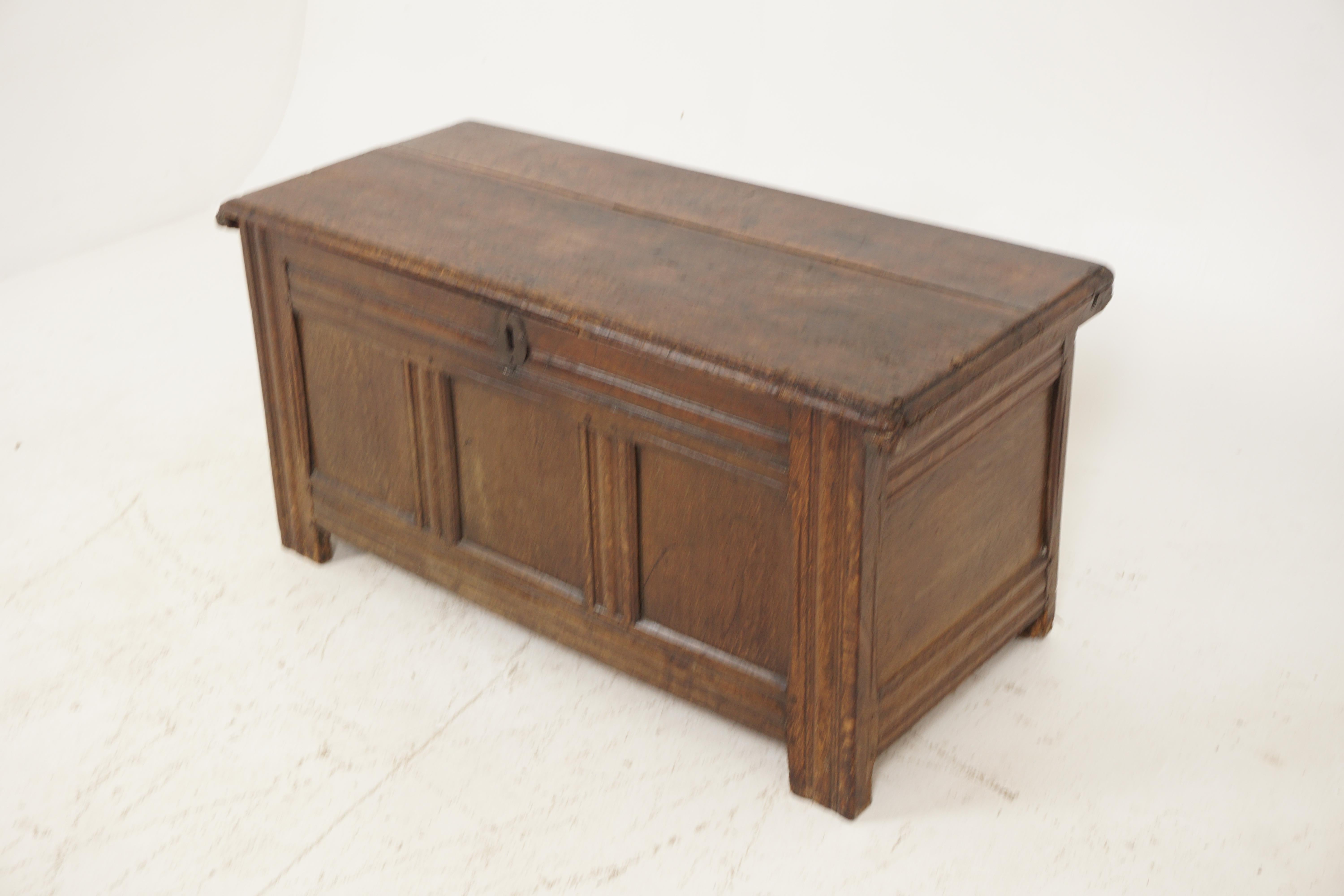 Antique Georgian three paneled oak coffer, blanket box, Scotland 1720, B2585

Scotland 1720
Solid oak
Original finish
Moulded top
Three insert panels to the front and sides
Peg and joined paneled design
Original iron loop hinges
All