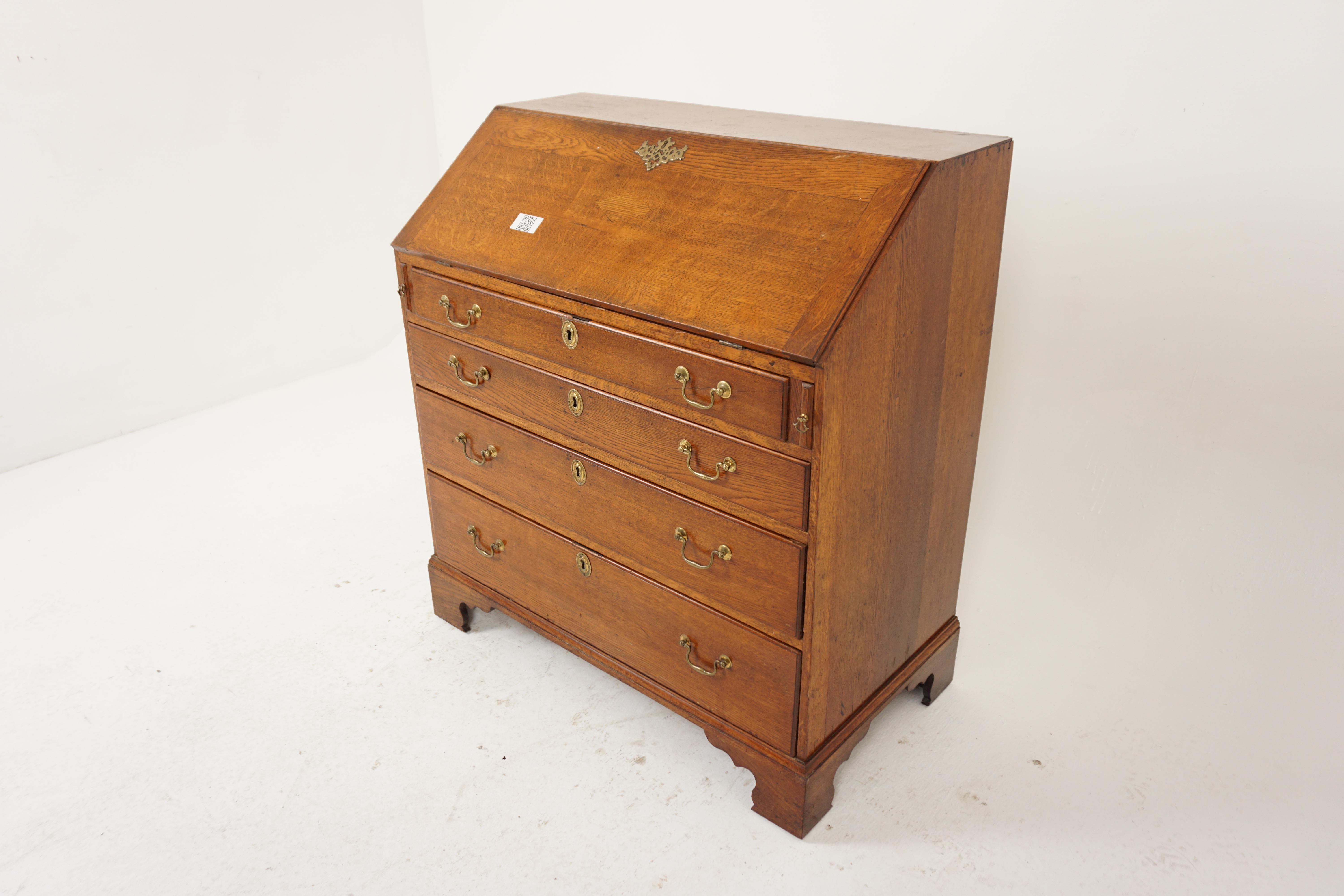 Antique Georgian Tiger Oak Bureau, Desk, Writing Table, Secretary, Scotland 1810, H975

Scotland 1810
Solid Oak
Original finish
Rectangular solid oak top
Locking fall front writing surface
The interior is fitted with numerous pigeon holes, 4 drawers