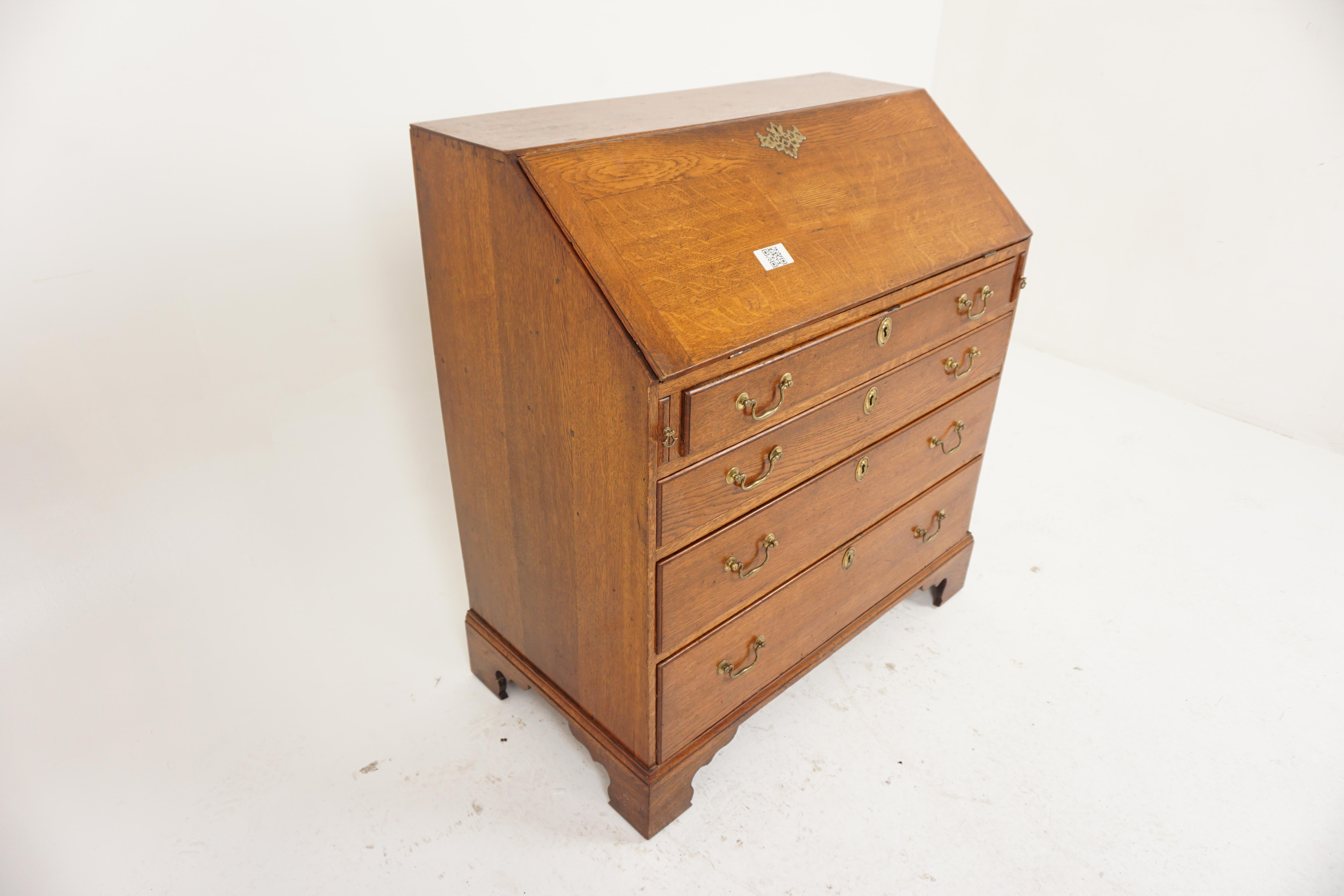 North American Antique Georgian Tiger Oak Bureau, Desk, Writing Table, Scotland 1810, H975 For Sale