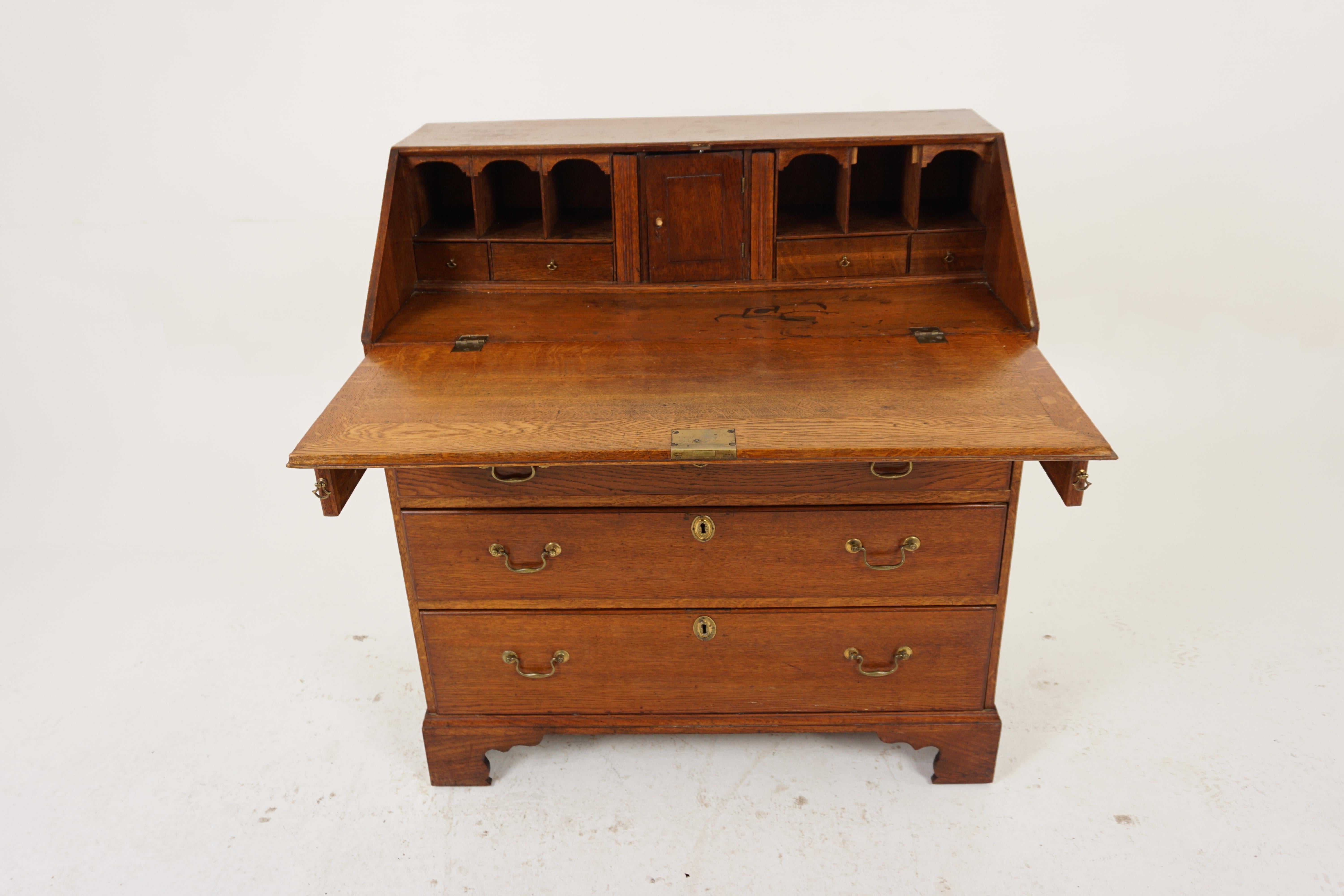 19th Century Antique Georgian Tiger Oak Bureau, Desk, Writing Table, Scotland 1810, H975 For Sale