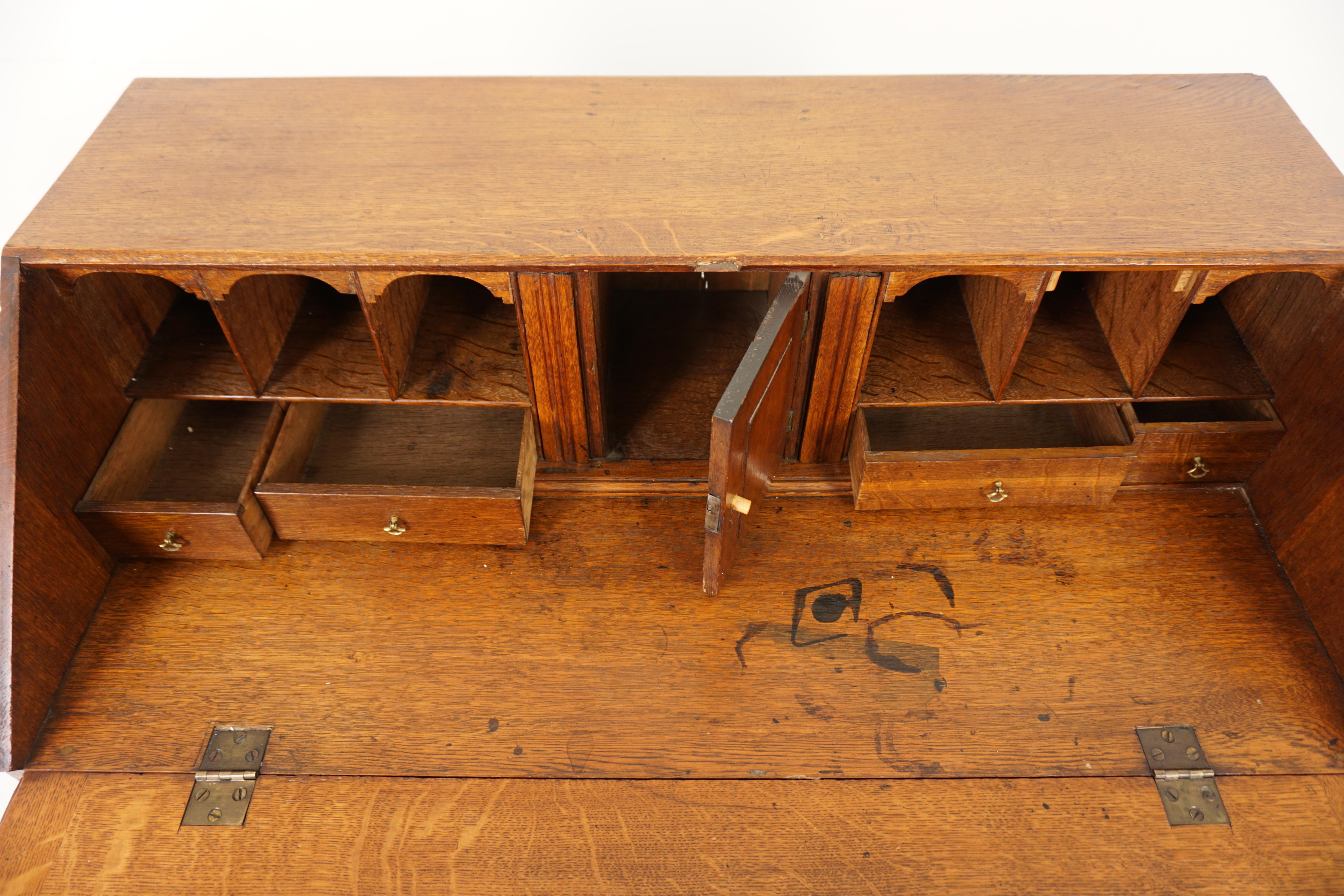 Antique Georgian Tiger Oak Bureau, Desk, Writing Table, Scotland 1810, H975 For Sale 1