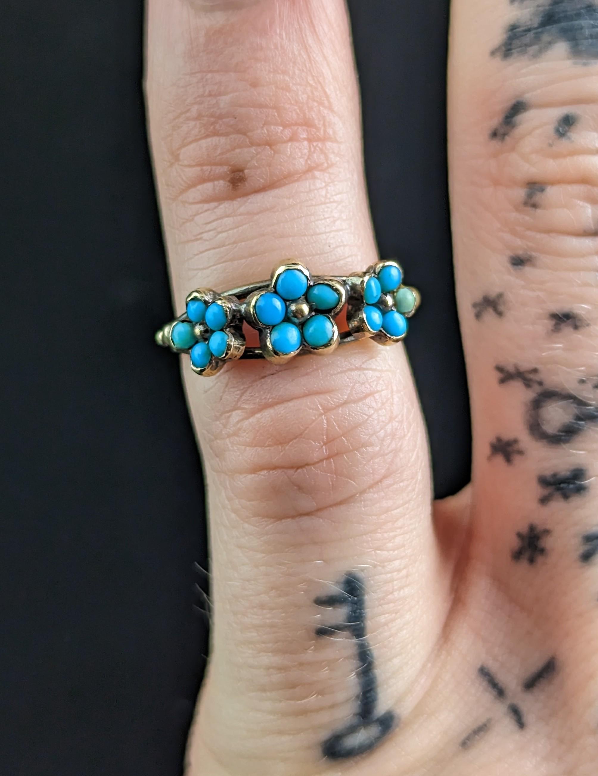 Antique Georgian Triple Flower Ring, Forget Me Not, 18k Gold and Turquoise 3