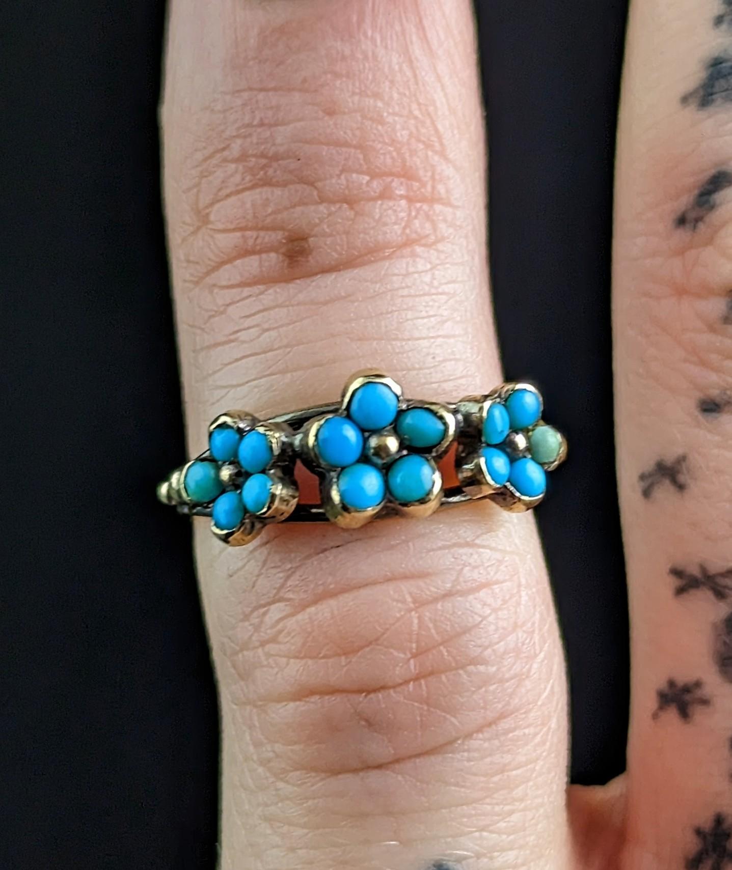 Antique Georgian Triple Flower Ring, Forget Me Not, 18k Gold and Turquoise 5