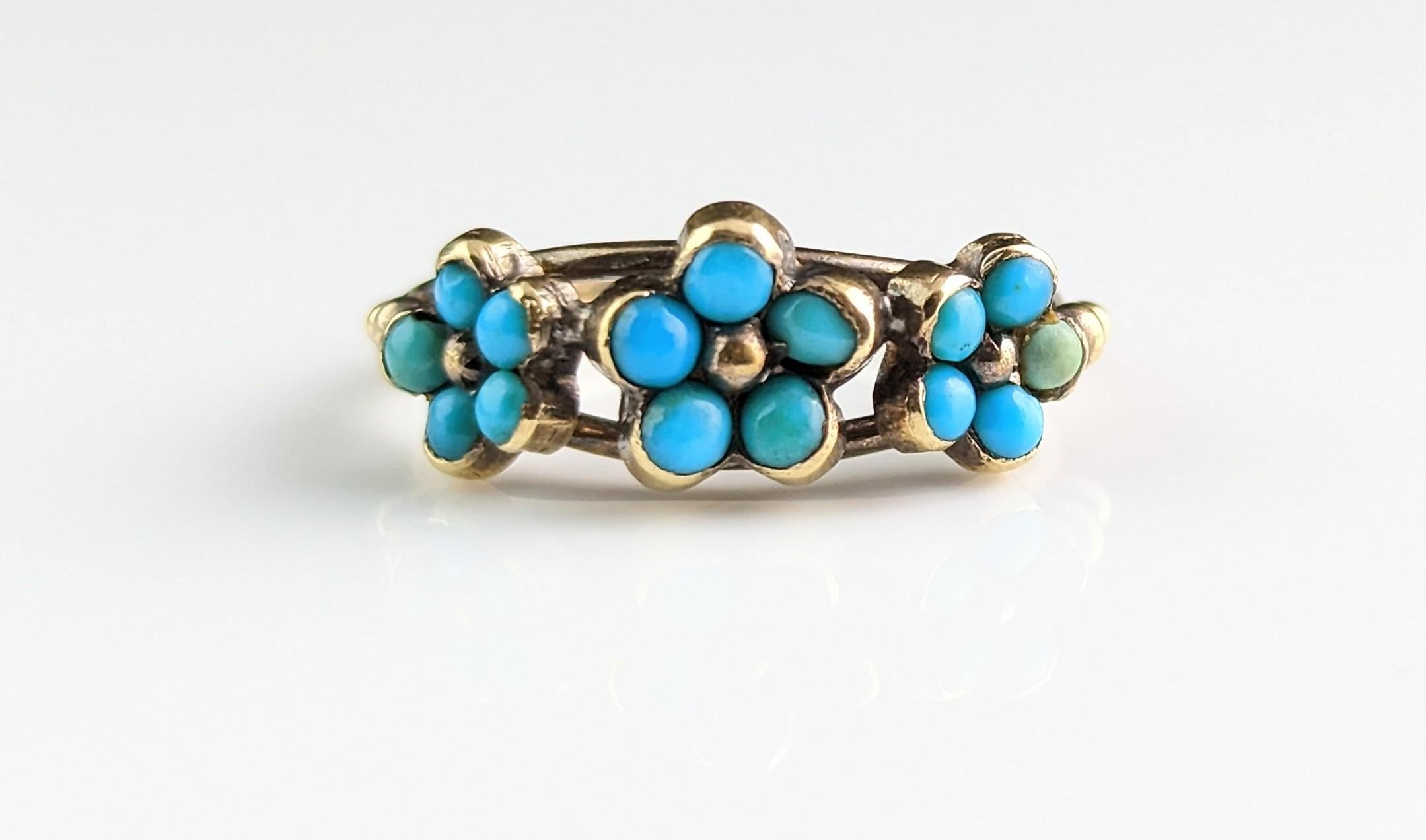 Antique Georgian Triple Flower Ring, Forget Me Not, 18k Gold and Turquoise 6