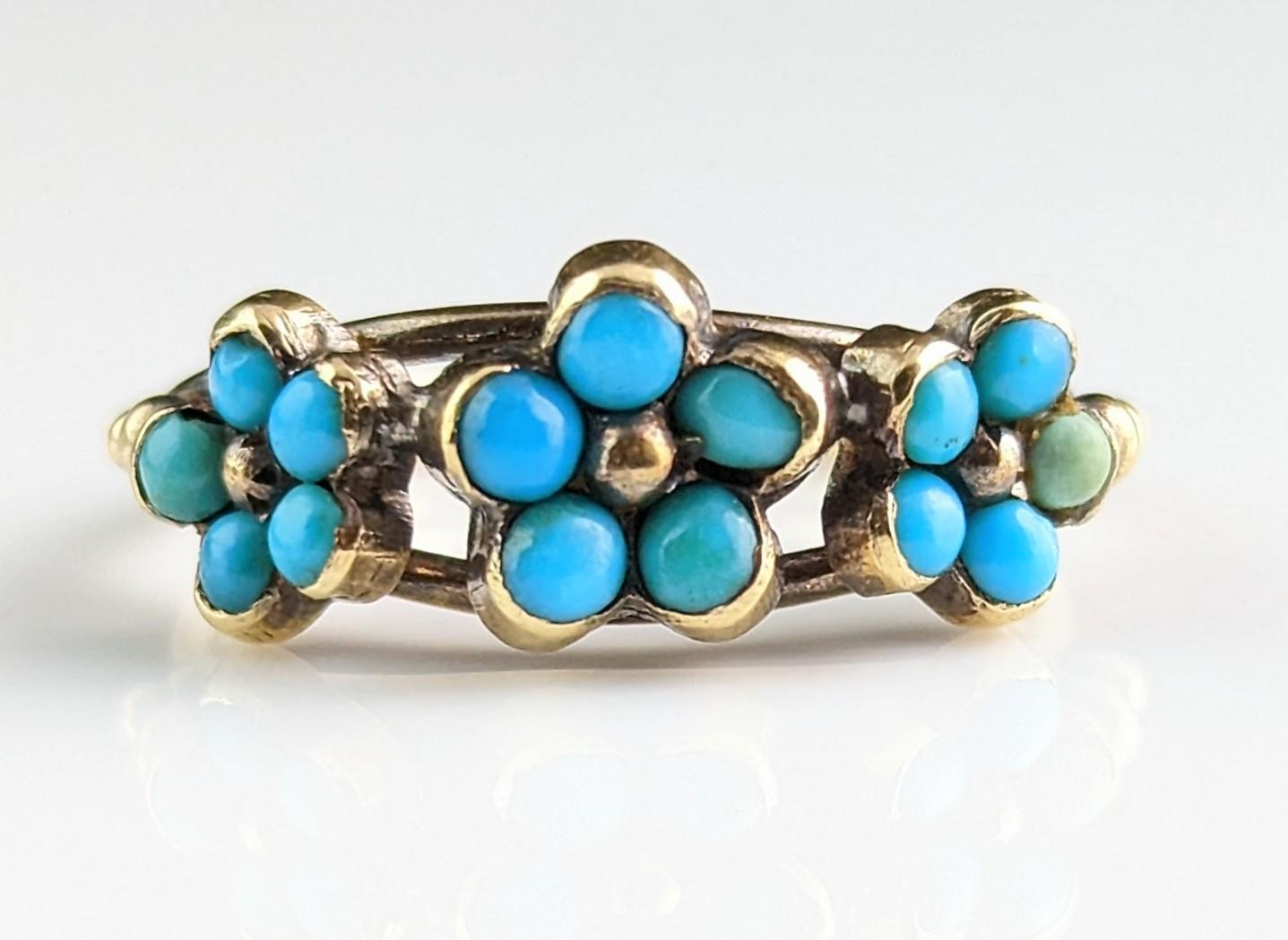 Antique Georgian Triple Flower Ring, Forget Me Not, 18k Gold and Turquoise 7