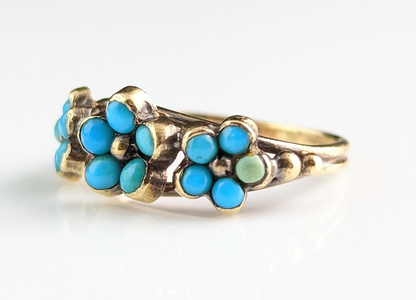 Antique Georgian Triple Flower Ring, Forget Me Not, 18k Gold and Turquoise 8