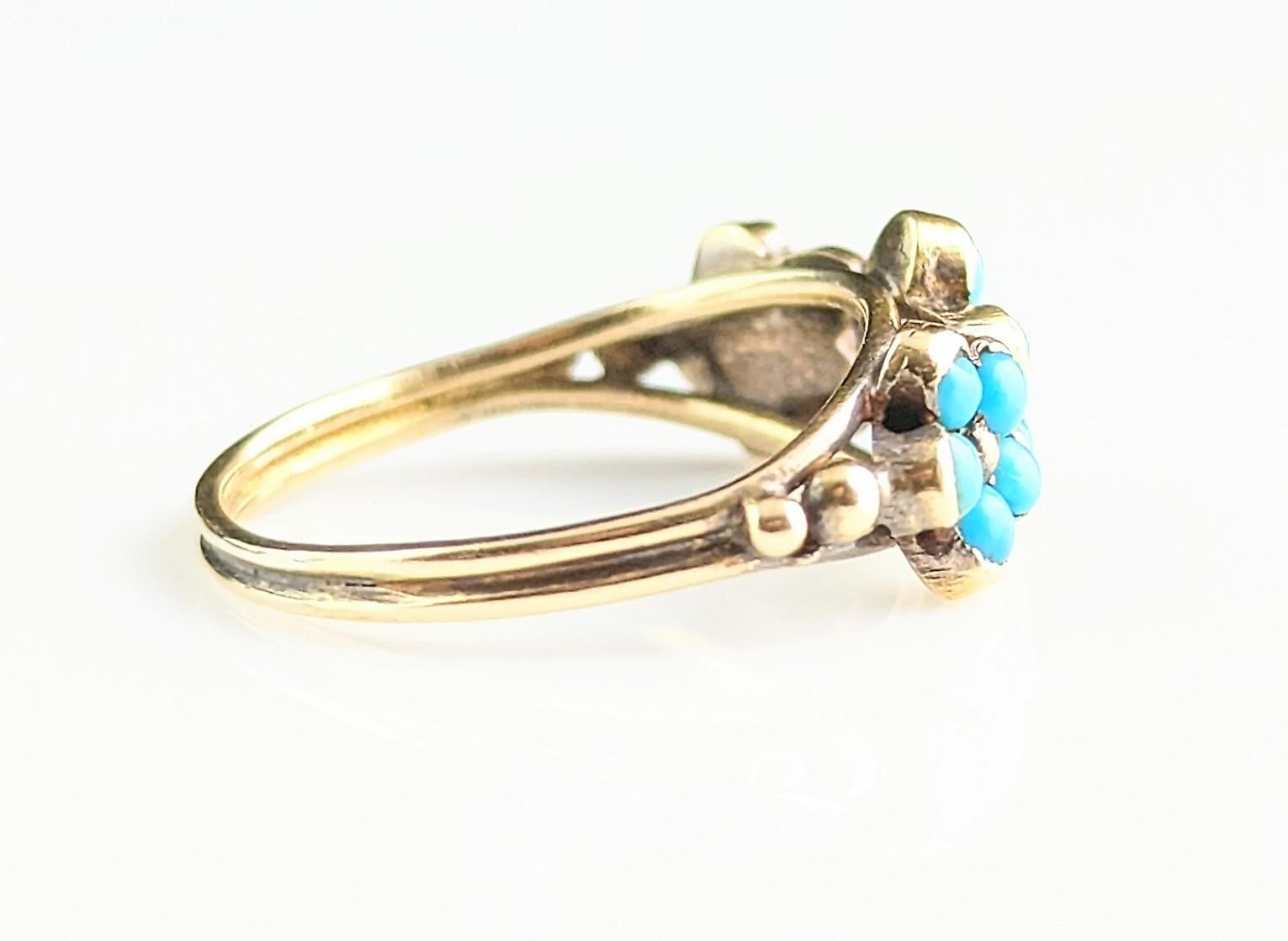 Antique Georgian Triple Flower Ring, Forget Me Not, 18k Gold and Turquoise 10