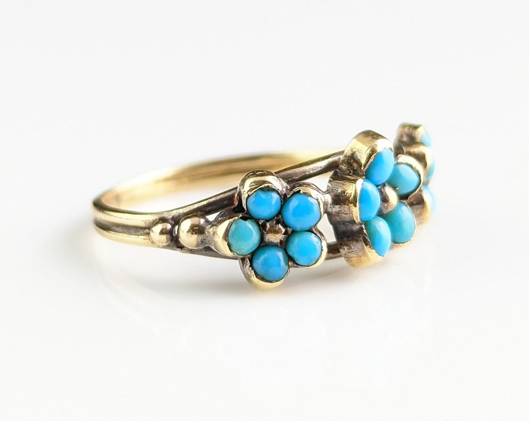 Antique Georgian Triple Flower Ring, Forget Me Not, 18k Gold and Turquoise 11