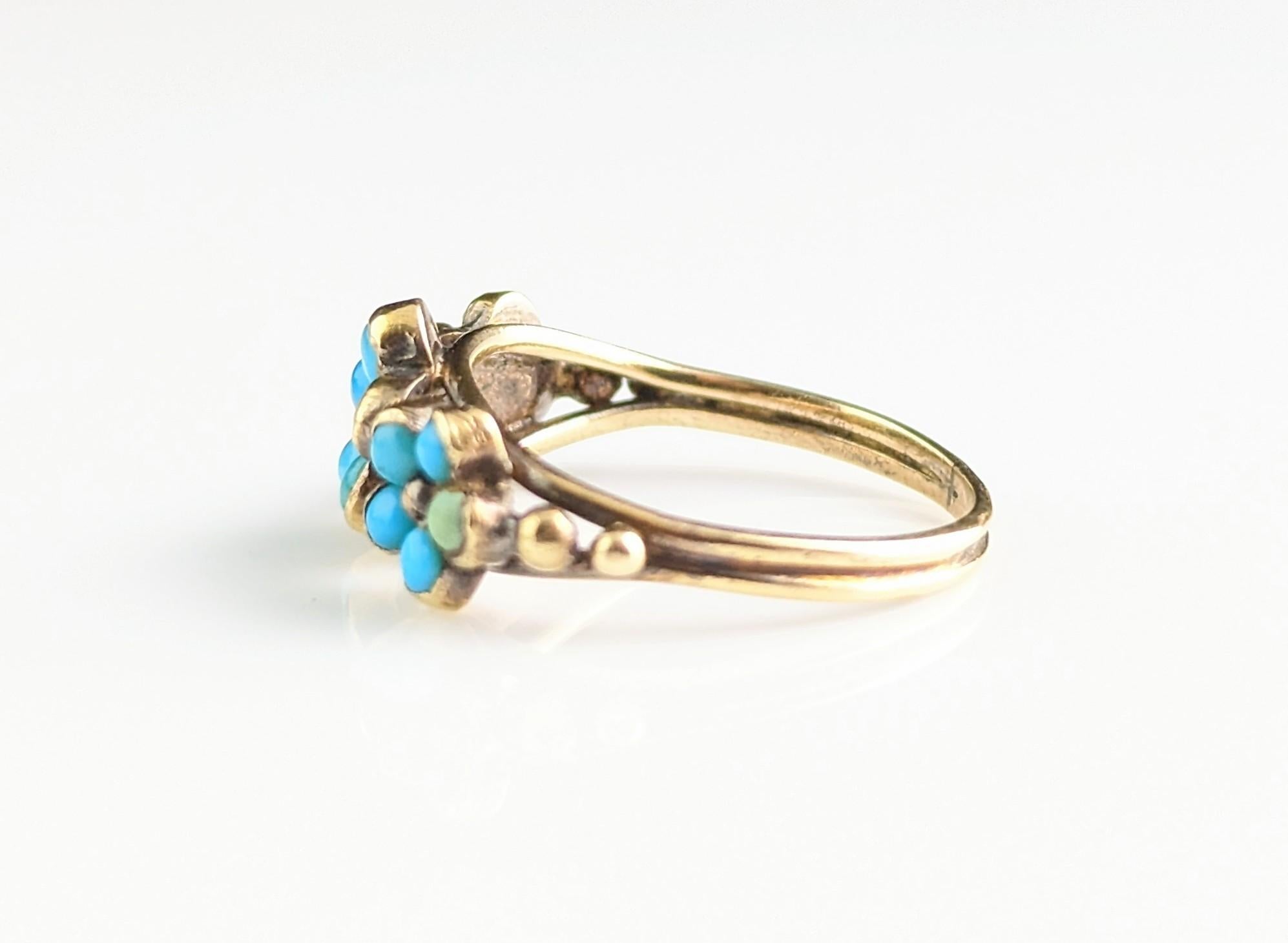Antique Georgian Triple Flower Ring, Forget Me Not, 18k Gold and Turquoise 12