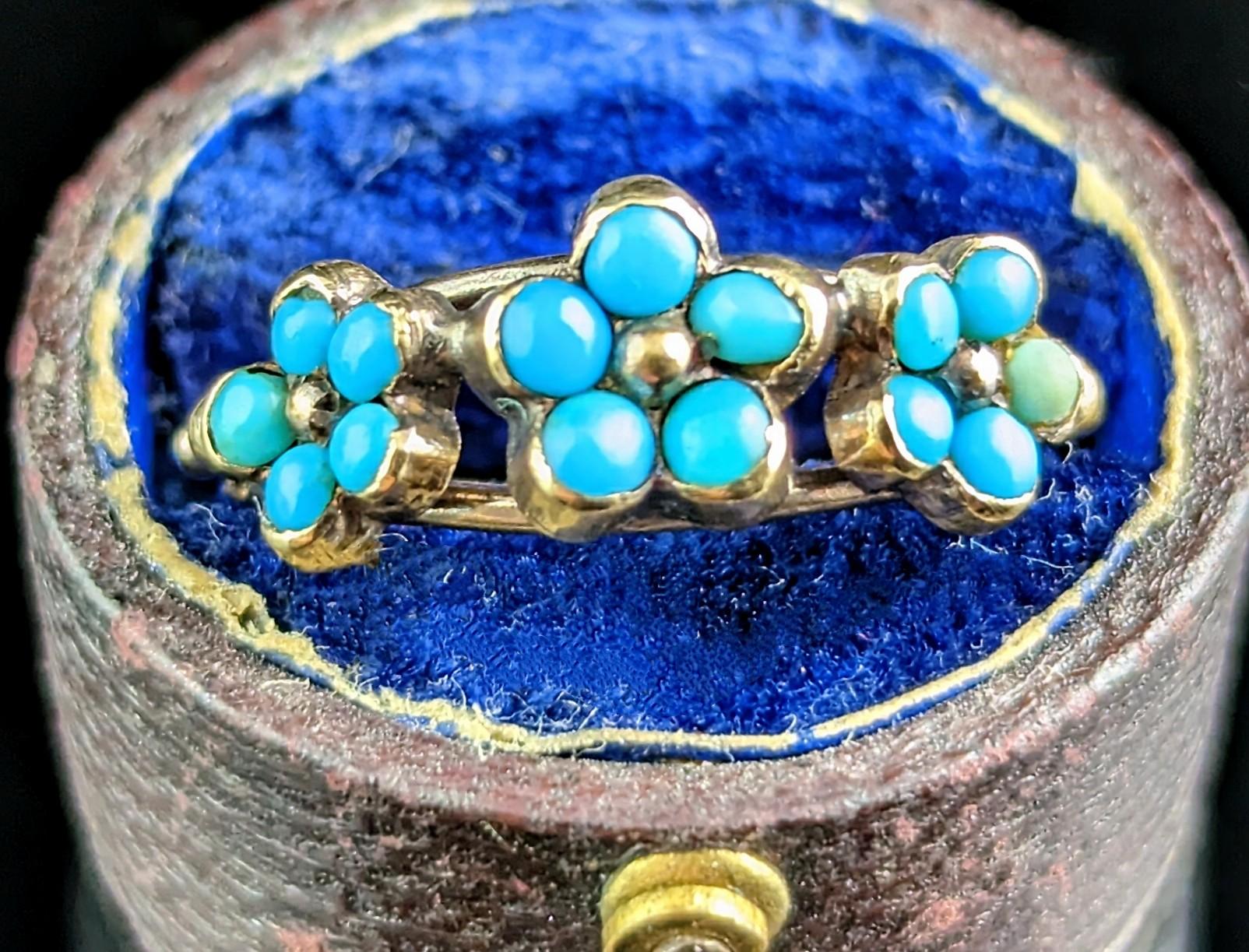 My word this beautiful little antique Georgian ring is so pretty and delightful.

A rare piece hailing from the late Georgian/ Regency era it is crafted in 18kt yellow gold with slight Rosey overtones.

It features three individual forget me not