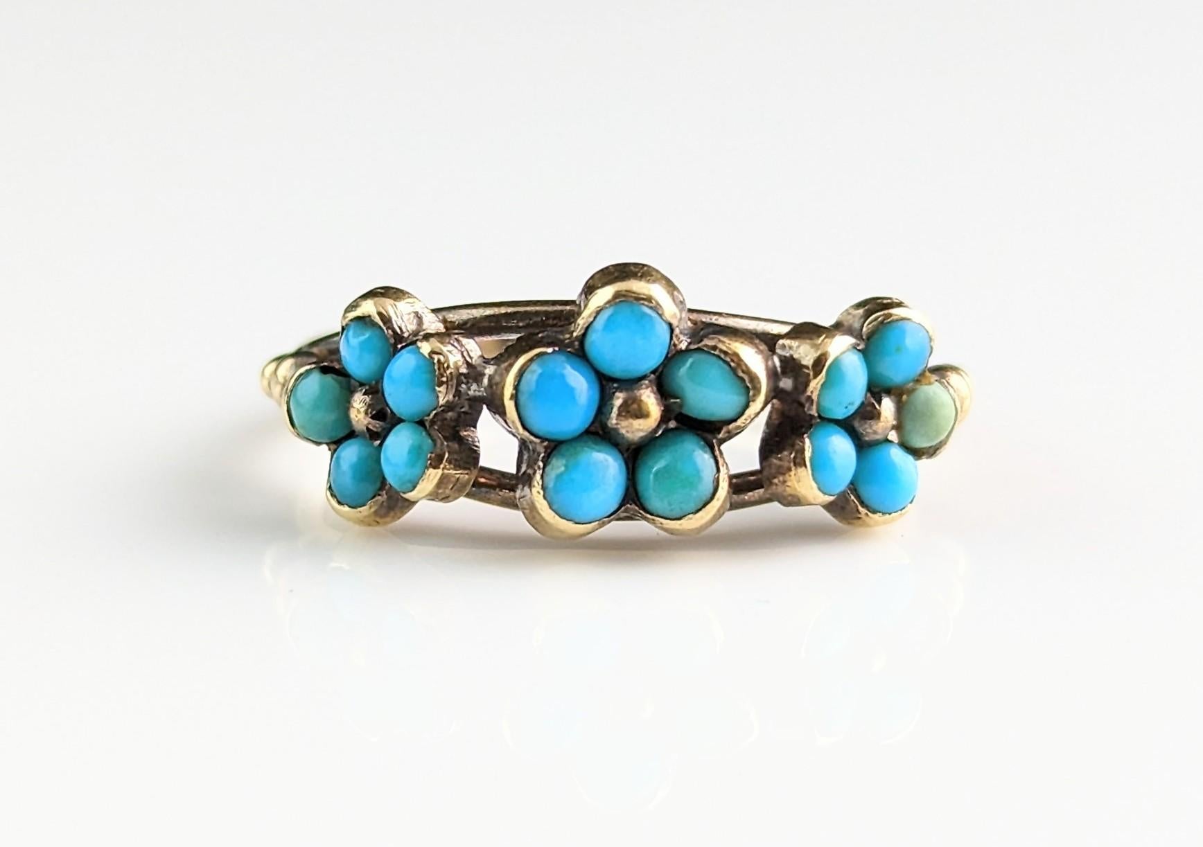 Antique Georgian Triple Flower Ring, Forget Me Not, 18k Gold and Turquoise 13
