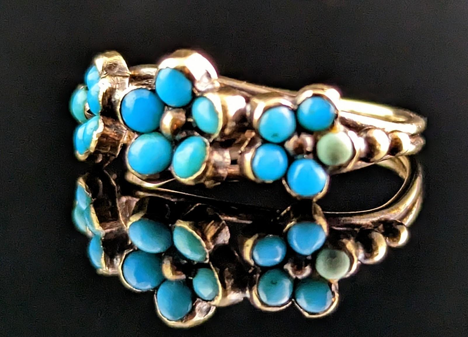 Women's Antique Georgian Triple Flower Ring, Forget Me Not, 18k Gold and Turquoise