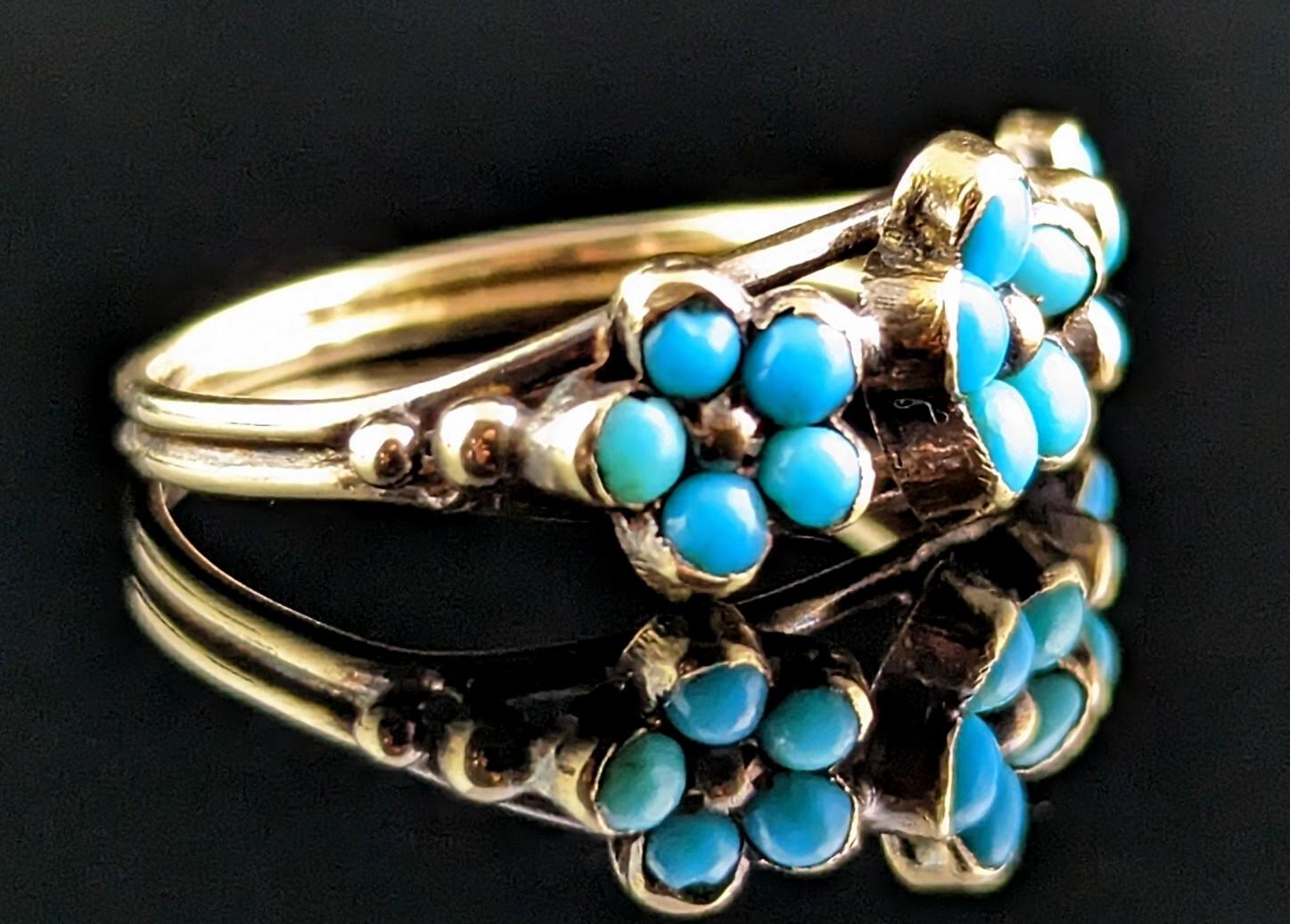 Antique Georgian Triple Flower Ring, Forget Me Not, 18k Gold and Turquoise 1