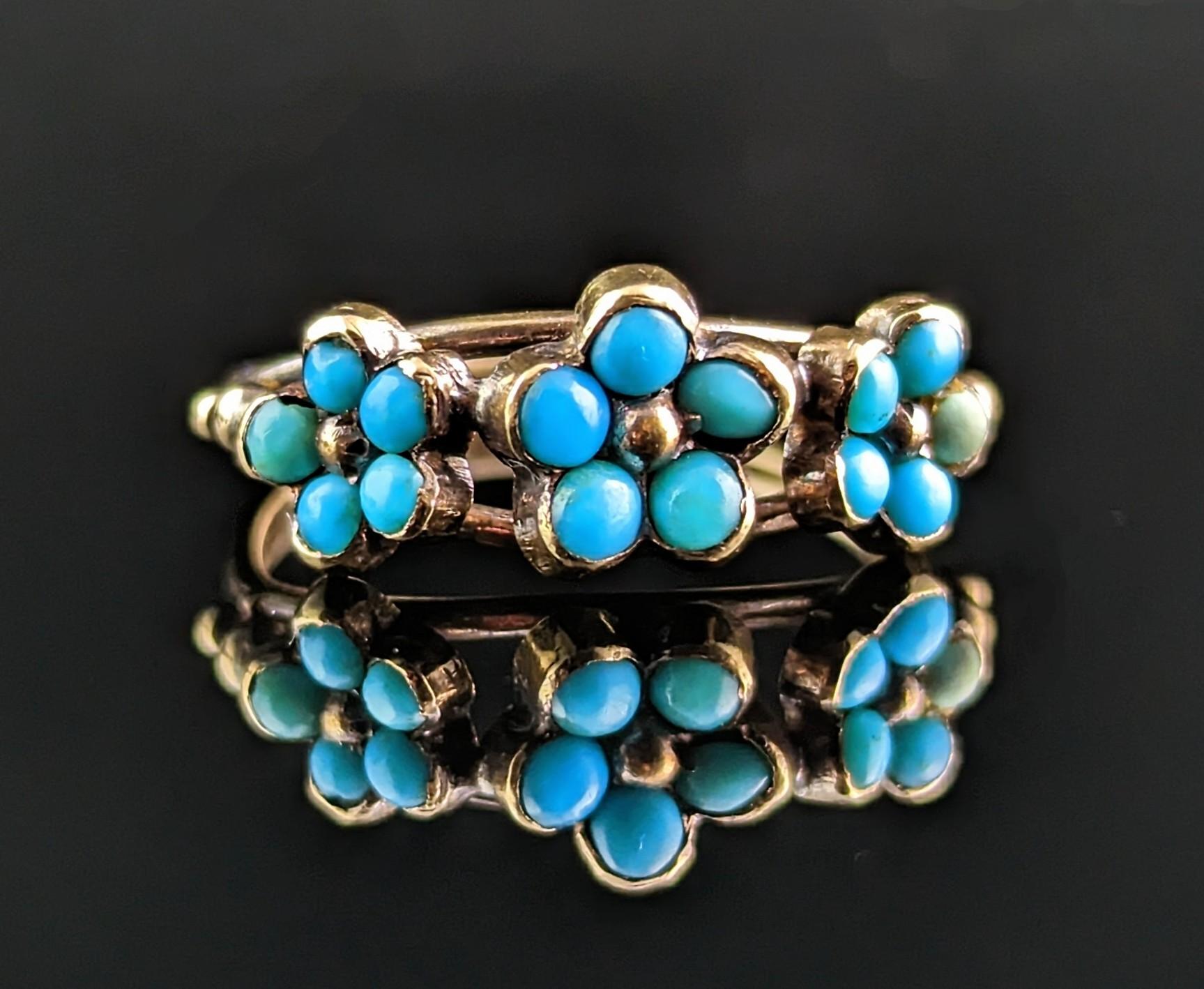 Antique Georgian Triple Flower Ring, Forget Me Not, 18k Gold and Turquoise 2