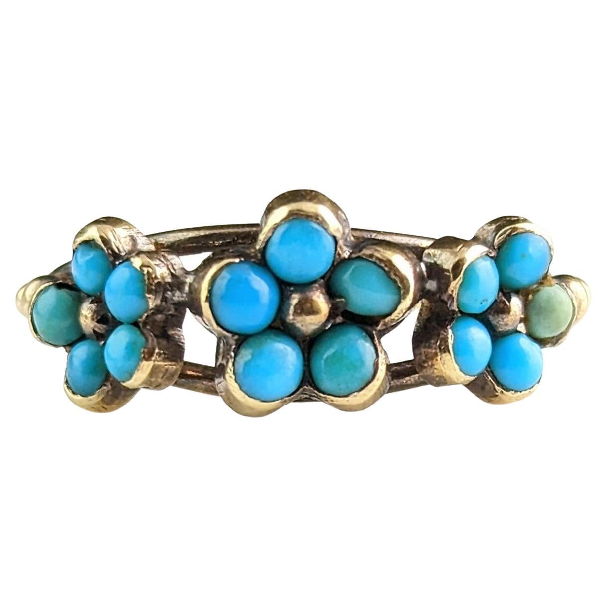 Antique Georgian Triple Flower Ring, Forget Me Not, 18k Gold and Turquoise