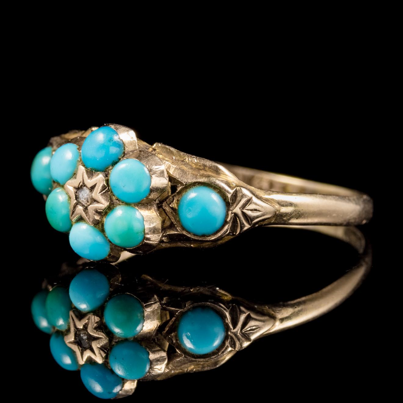 This beautiful antique Turquoise and Diamond ring is fully hallmarked and dated Birmingham, 1819. 

Set with eight lovely Turquoise stones and a star set Diamond in the centre. 

Turquoise stones are considered a symbol of friendship and were once