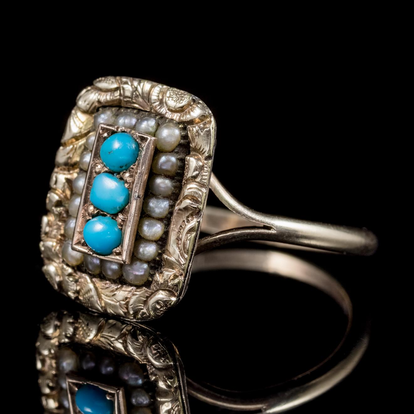 This spectacular antique Turquoise and Pearl ring is late Georgian, Circa 1830. 

Adorned with three fabulous Turquoise stones down the centre surrounded by natural Pearls in a lovely engraved setting. 

Turquoise stones are considered a symbol of