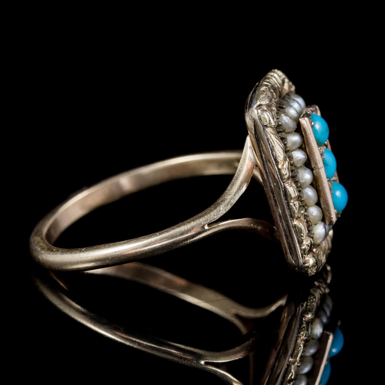 Women's Antique Georgian Turquoise Pearl Ring 18 Carat Gold, circa 1830 For Sale