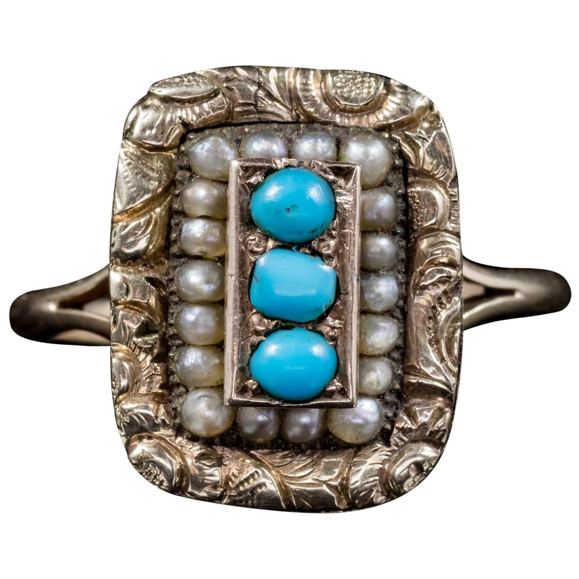 Antique Georgian Turquoise Pearl Ring 18 Carat Gold, circa 1830 For Sale